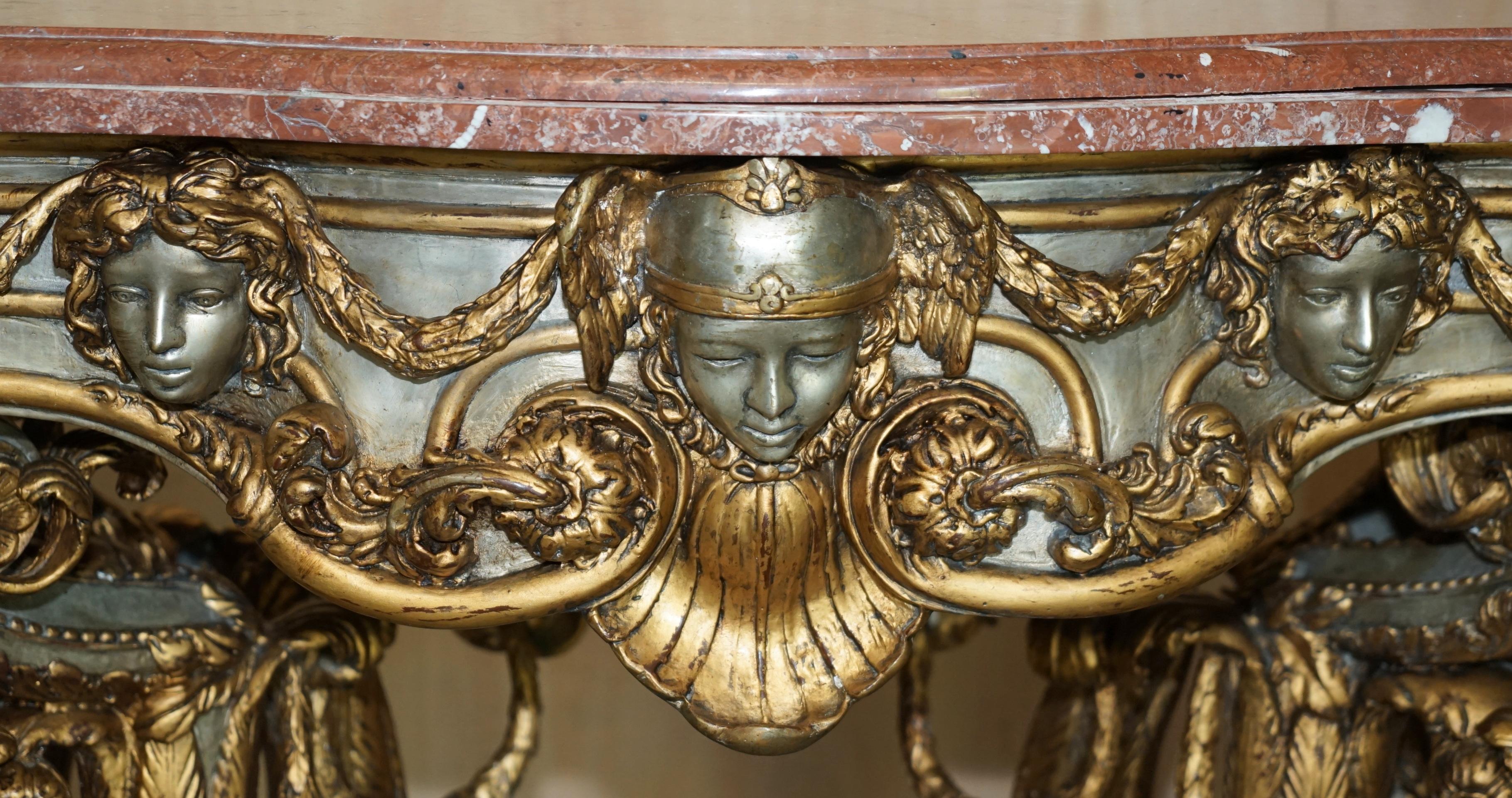 Metal SUPER RARE METAL ANTiQUE BAROQUE RAMS & MAIDEN HEAD MARBLE TOPPED CONSOLE TABLE For Sale