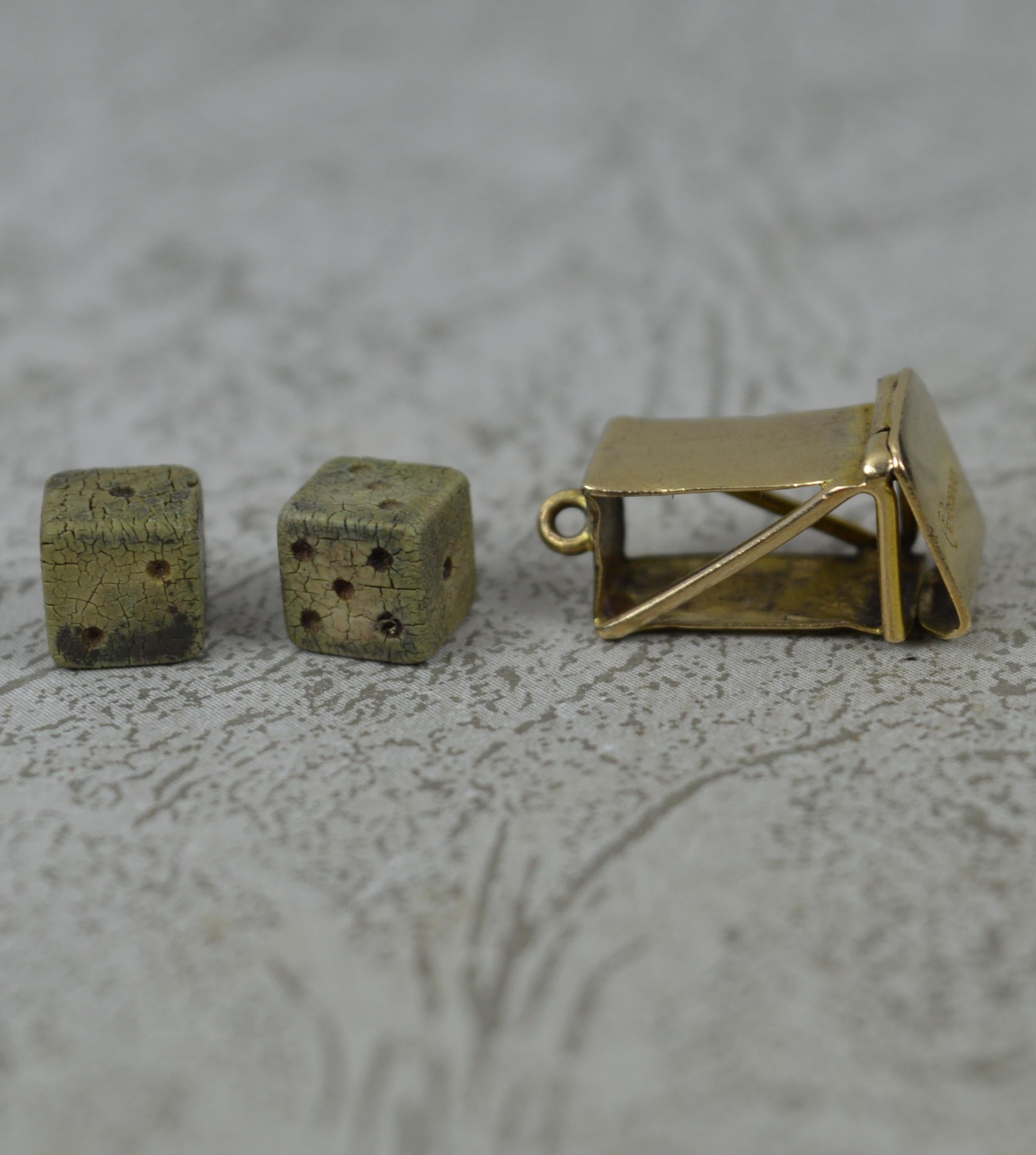 Women's Super Rare Miniature Dice Holder and 9ct Gold Box Pendant Charm For Sale