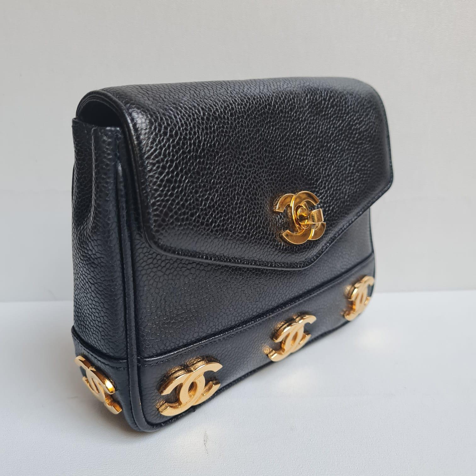 Super Rare Vintage 1990s Chanel Black Caviar Mini CC Belt Bag For Sale 7