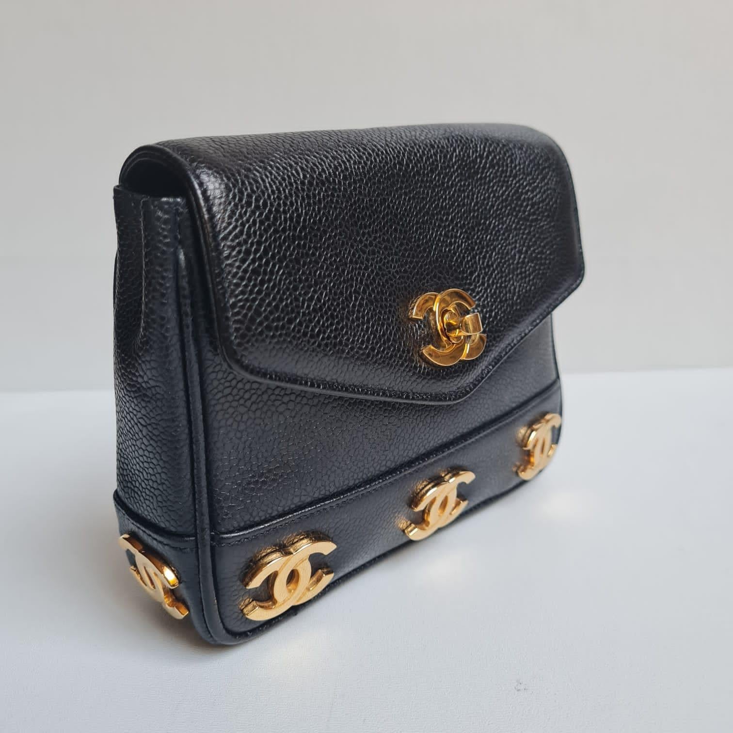 Super Rare Vintage 1990s Chanel Black Caviar Mini CC Belt Bag For Sale 8