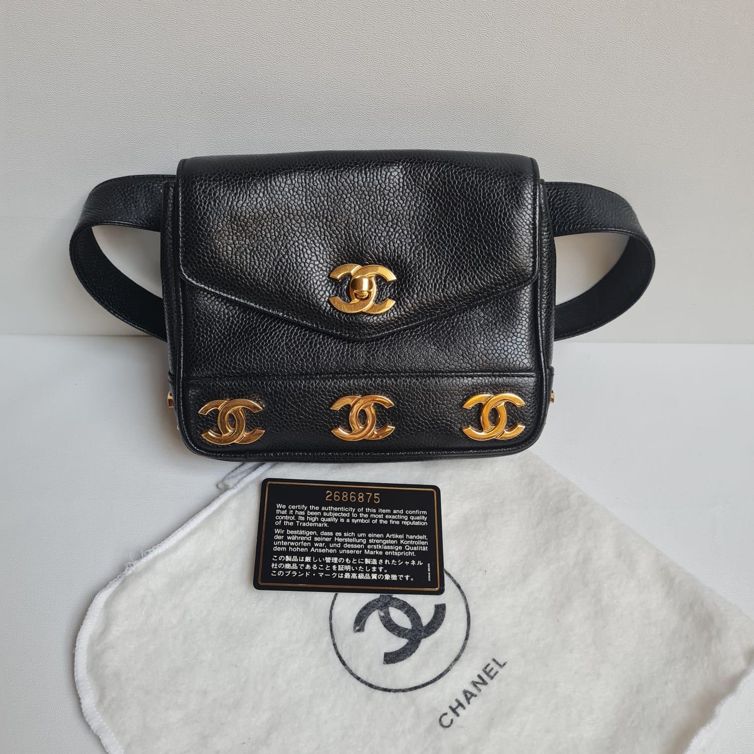 Super rare vintage belt bag in black caviar leather. Item shows slight signs of wear with very faint scuffs on the exterior surface and light marks on the hardwares. Note that the 'made in' stamp has completely rubbed off. Belt size 75. Comes with