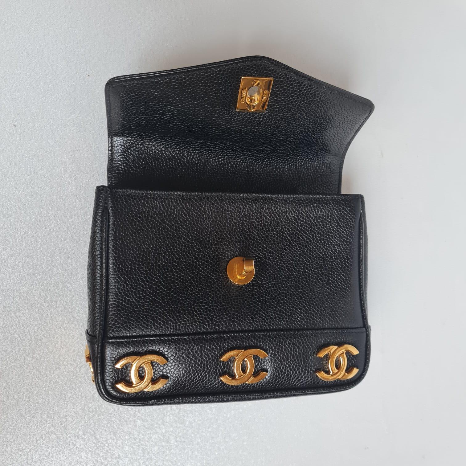 Super Rare Vintage 1990s Chanel Black Caviar Mini CC Belt Bag For Sale 2
