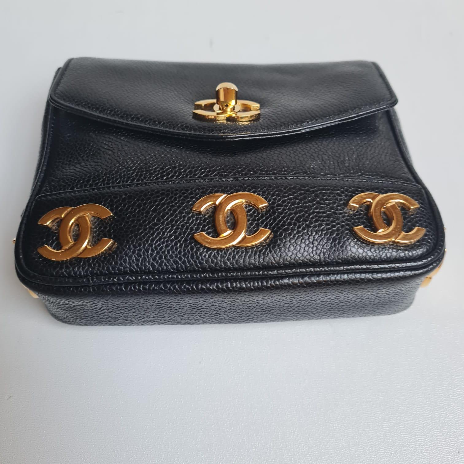 Super Rare Vintage 1990s Chanel Black Caviar Mini CC Belt Bag For Sale 4