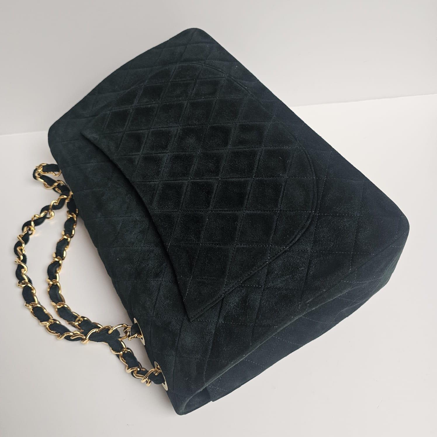 Super rare sac à rabat vintage Chanel en daim matelassé émeraude Maxi CC des années 90 en vente 6