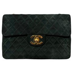 Super Rare Vintage 90s Chanel Suede Quilted Emerald Maxi Big CC Flap Bag