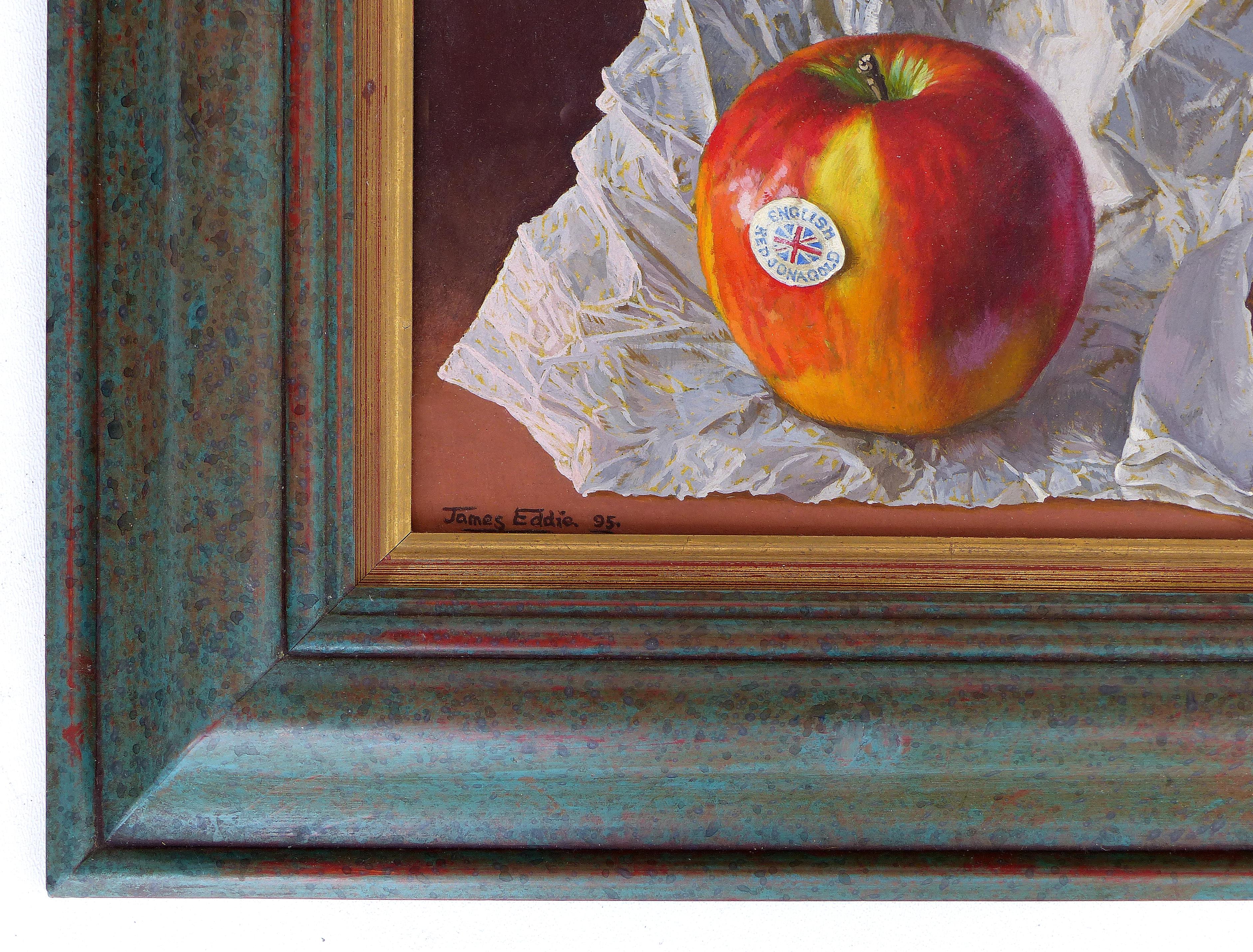Nature morte super-réaliste, peinture de pomme par James Eddie, 1995 

La vente porte sur une nature morte super-réaliste magnifiquement exécutée par James Eddie. Le tableau est signé en bas à gauche et daté de 1995. L'œuvre est présentée dans un