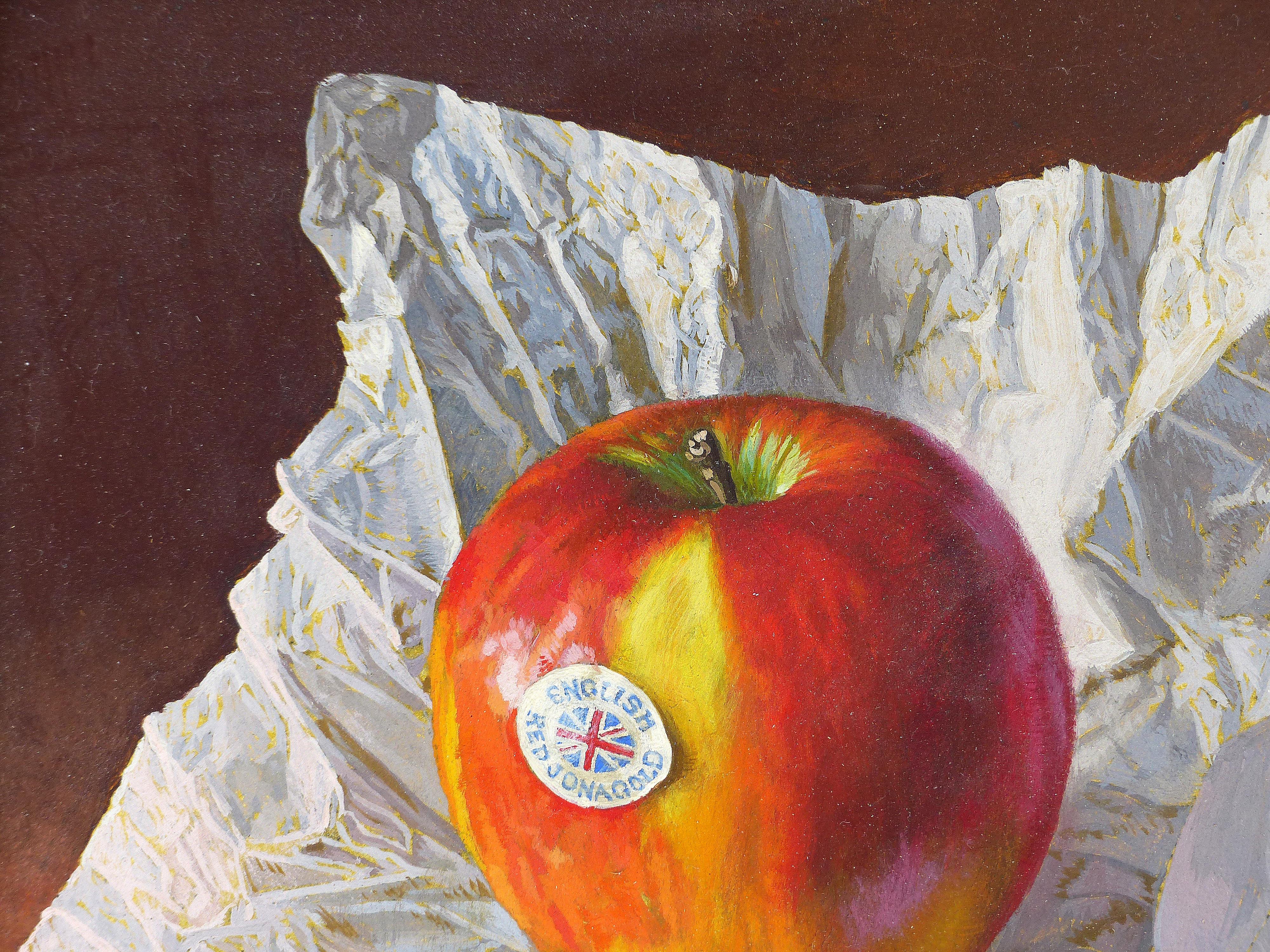Hand-Painted Super-Realism Still-Life Apple Painting by James Eddie, 1995 For Sale