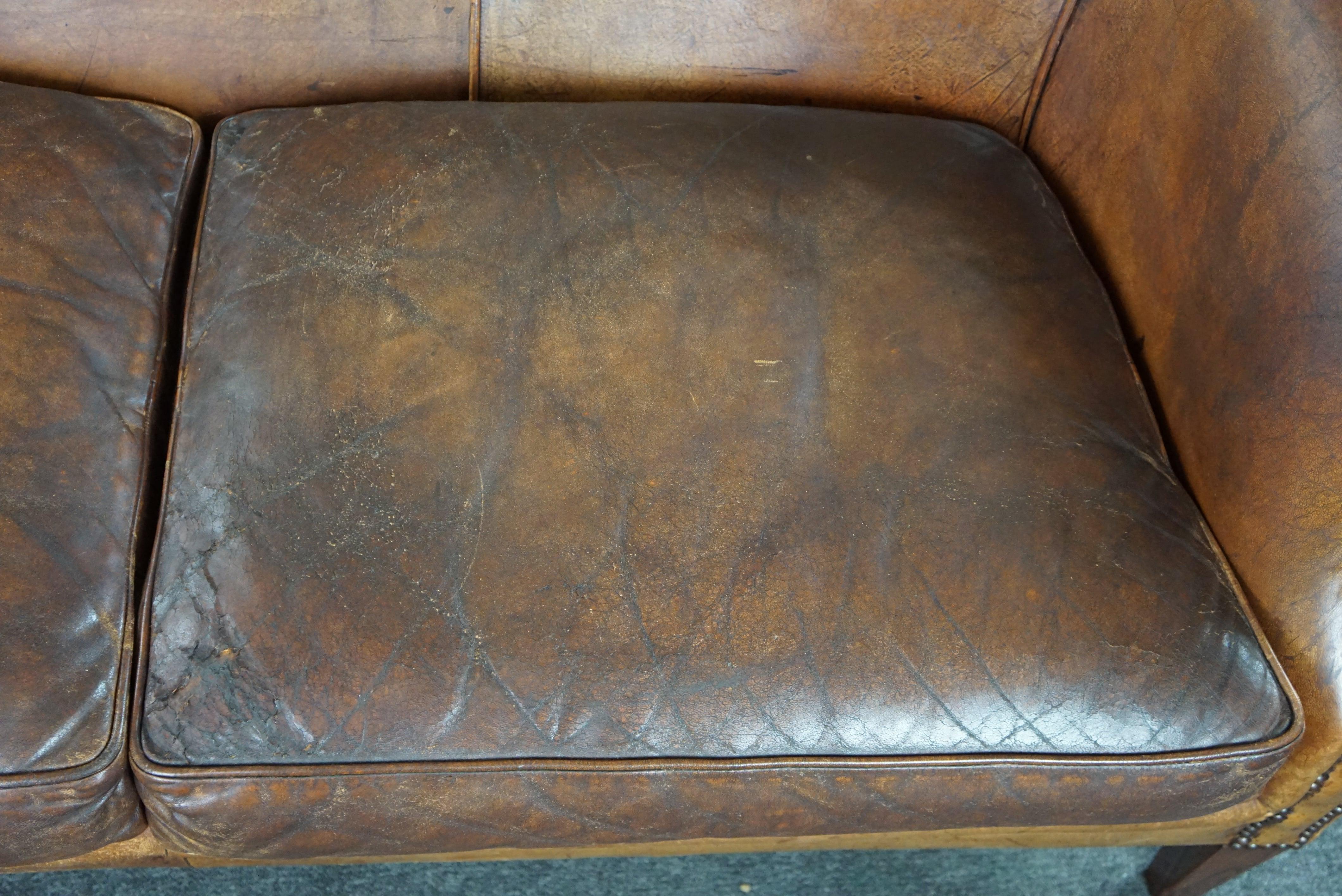 Leather Super rugged vintage sheep leather 2-seater sofa in club style For Sale
