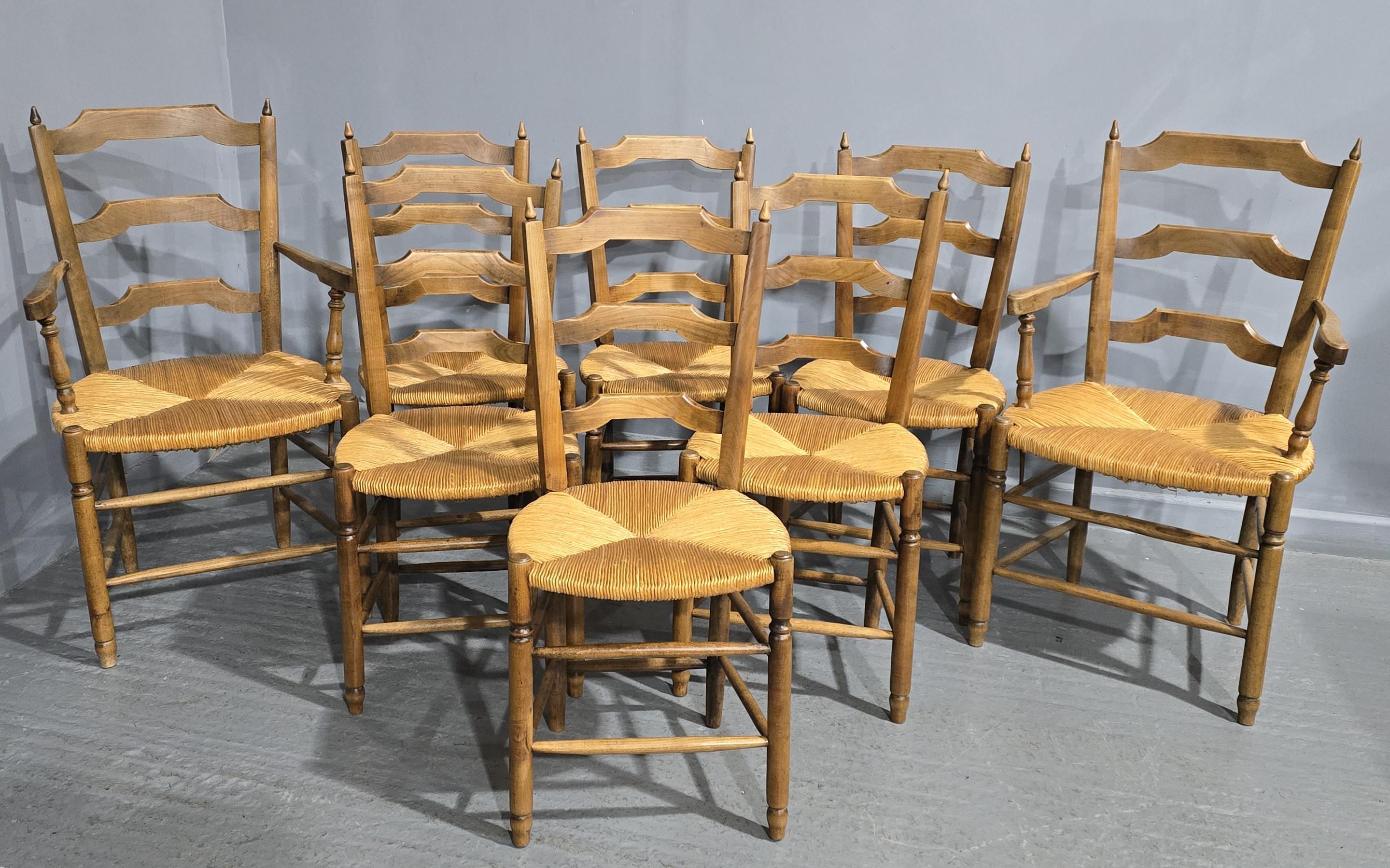 A very nice set of eight French oak dining chairs.  With excellent quality rush seats, rare to find matching carvers overall lovely condition.

36