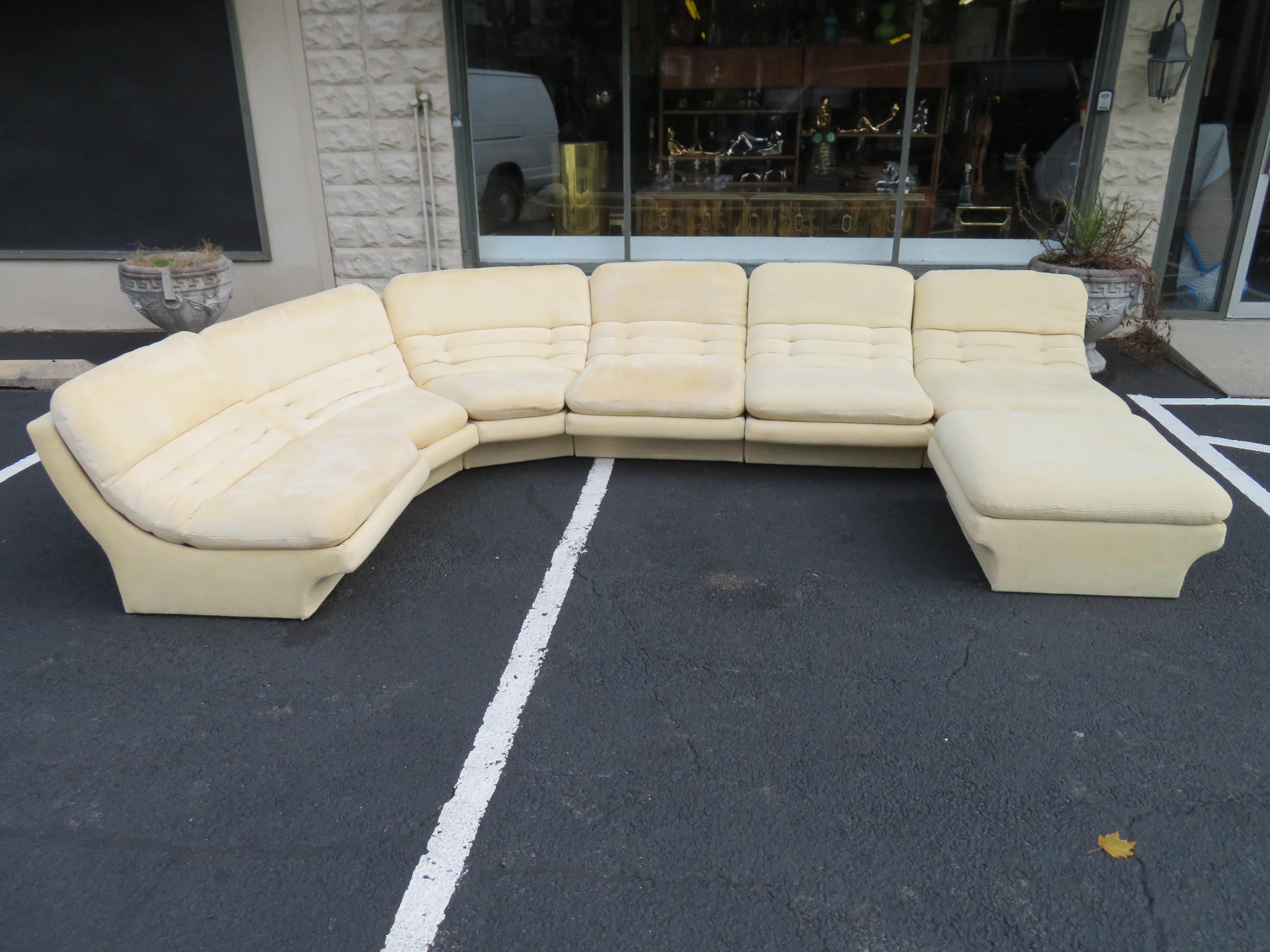 Fantastic seven-piece space-aged Carson's sectional sofa. The upholstery is original will need to be re-upholstered but that's what you designers are looking for anyway, right? The measurements of each straight piece is 31