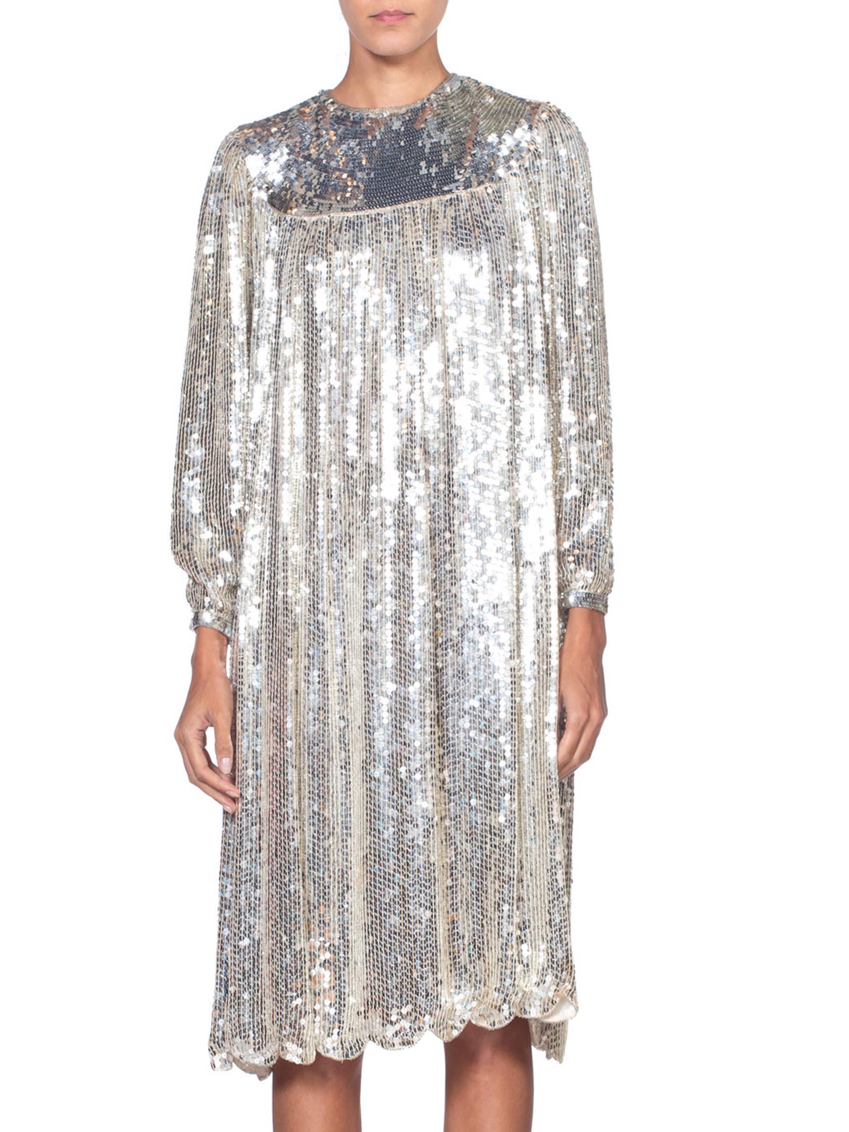 1970'S Silver Sequined Rayon Chiffon Super Shiny Long Sleeve Tunic Cocktail Dress
