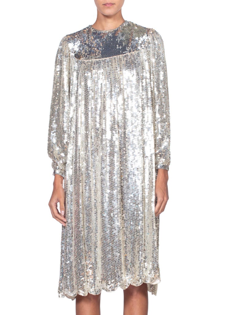 Super Shiny 1970's Silver Sequin Chiffon Tunic Dress For Sale at 1stdibs