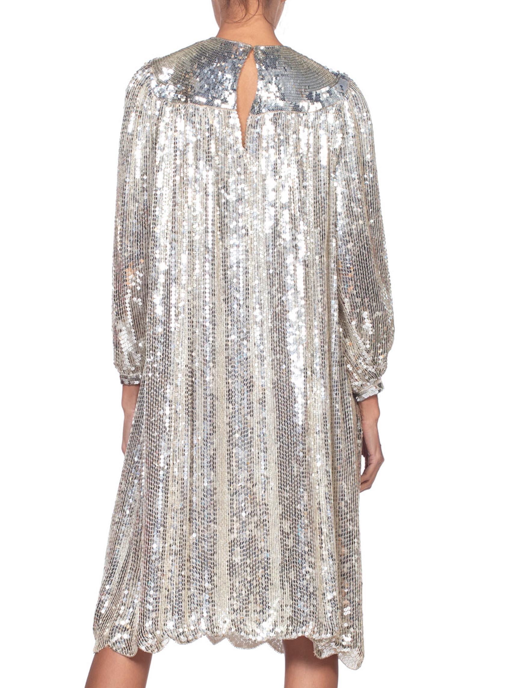 1970'S Silver Sequined Rayon Chiffon Super Shiny Long Sleeve Tunic Cocktail Dre 3