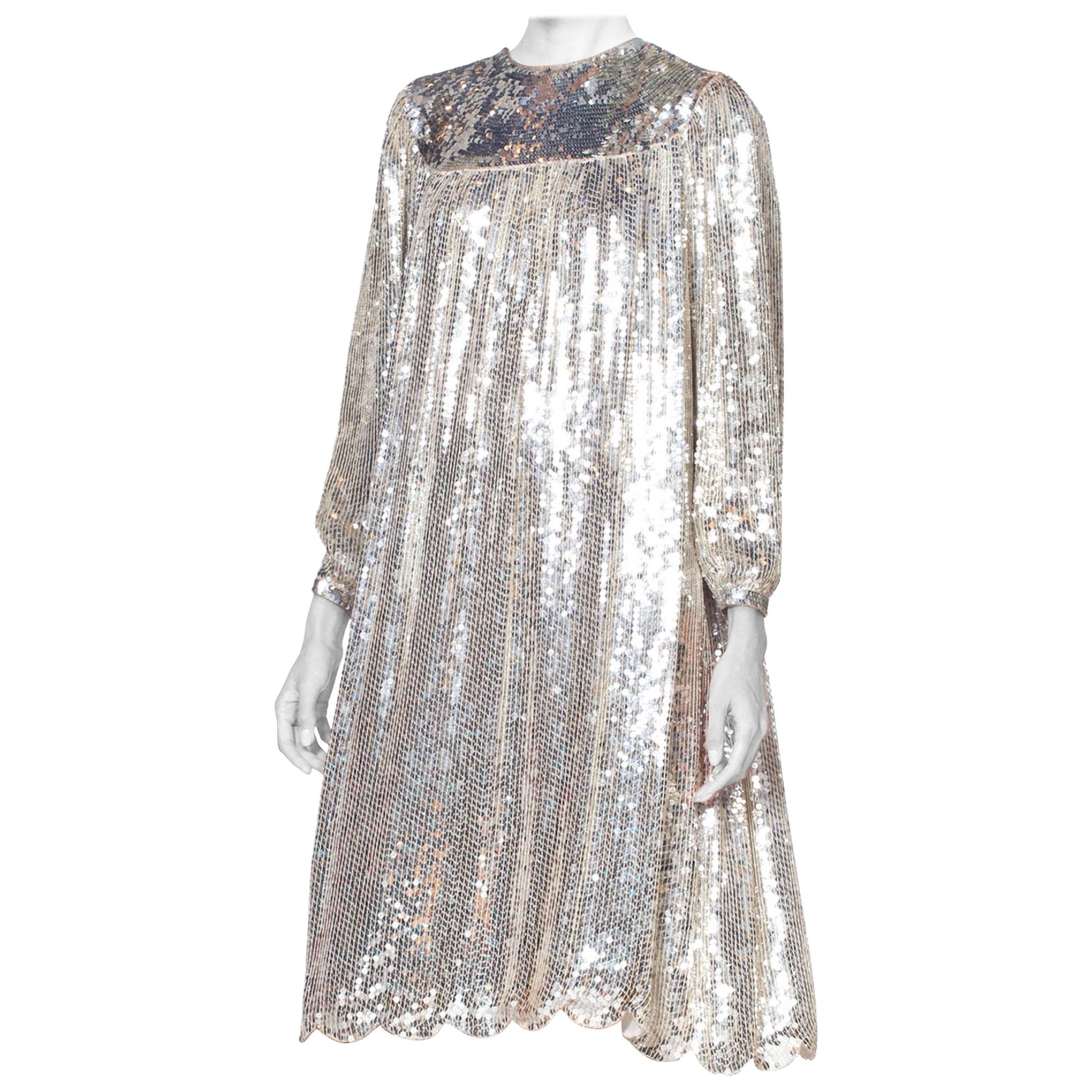 1970'S Silver Sequined Rayon Chiffon Super Shiny Long Sleeve Tunic Cocktail Dre