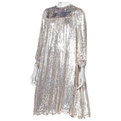 Vintage 1970'S Silver Sequined Rayon Chiffon Super Shiny Long Sleeve Tunic Cocktail Dre