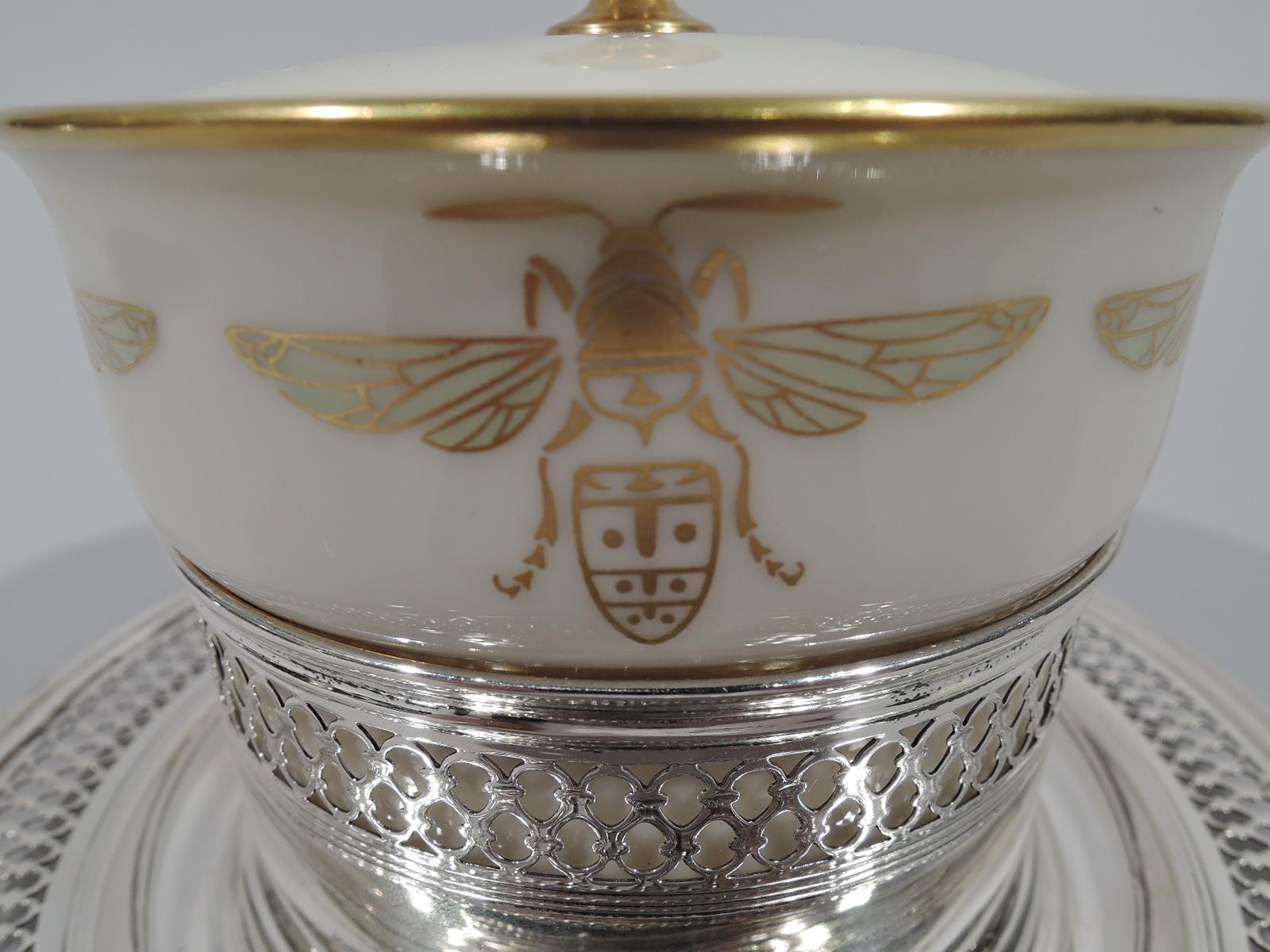 Super Stylish Art Deco Sterling Silver and Porcelain Honeypot by Tiffany In Excellent Condition In New York, NY