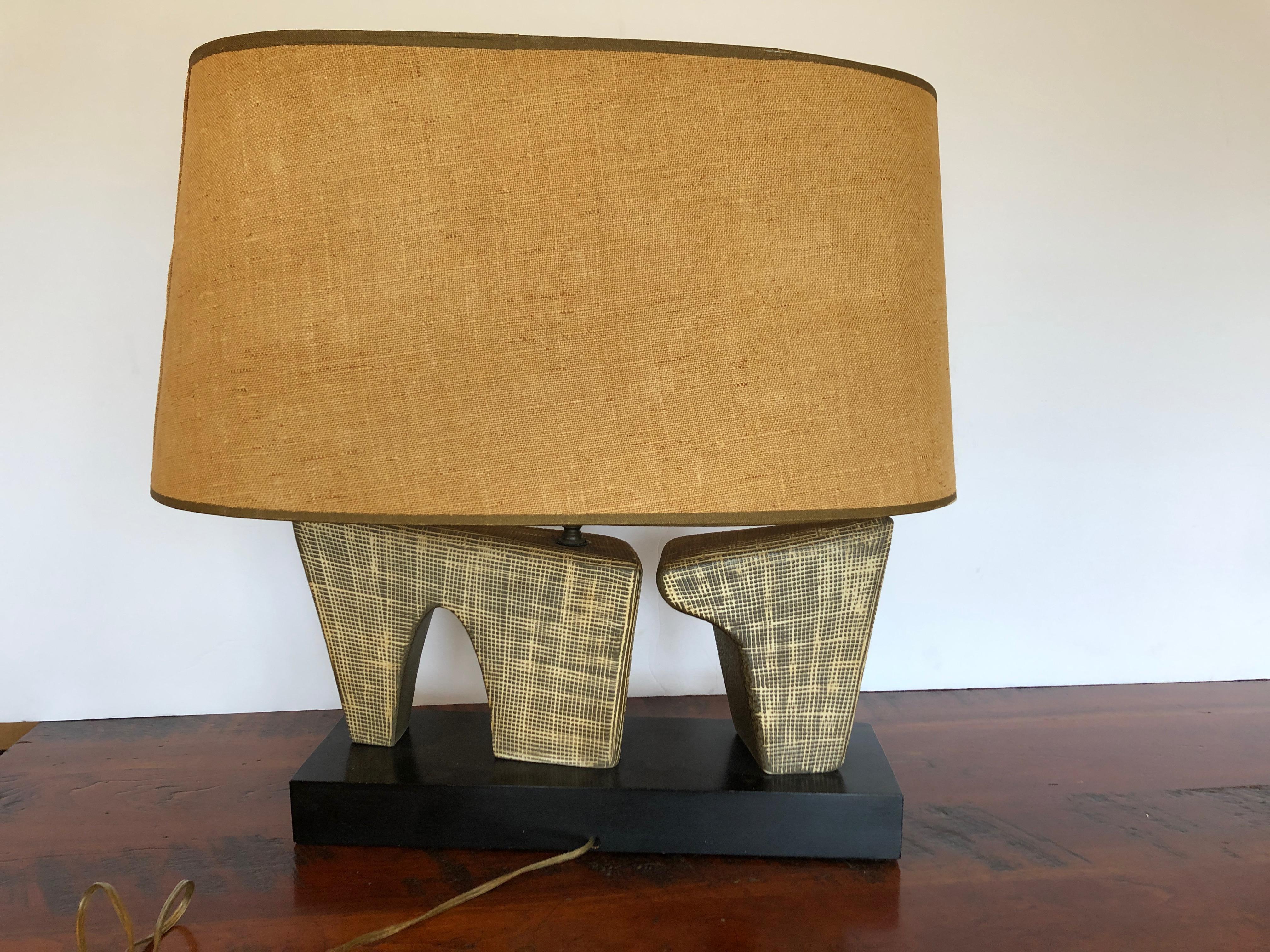 Super Stylish Mid-Century Modern Pottery Lamp with Oval Linen Shade 1