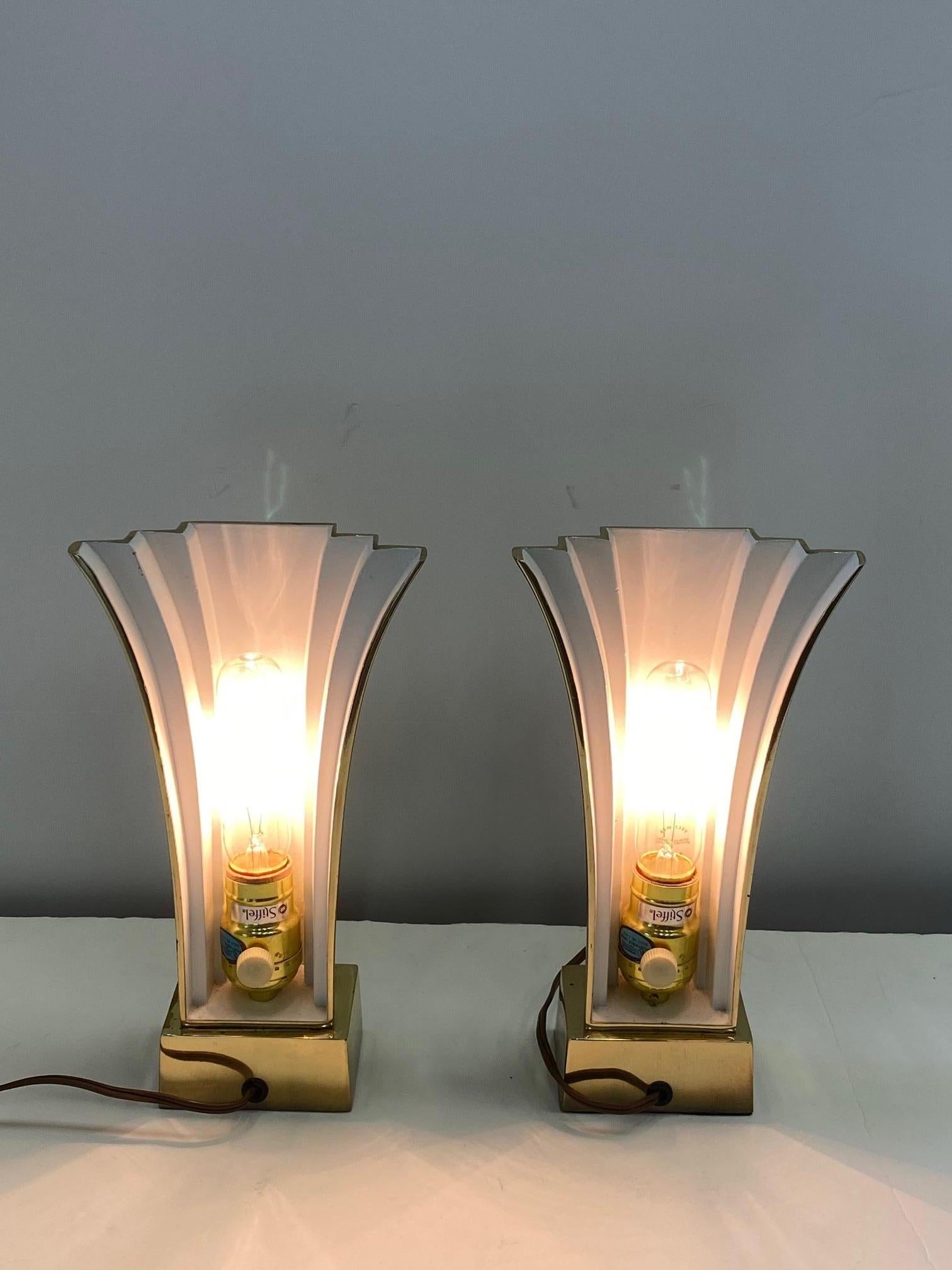 Super Stylish Pair of Mid Century Art Deco Brass Table Lamps by Stiffel 3