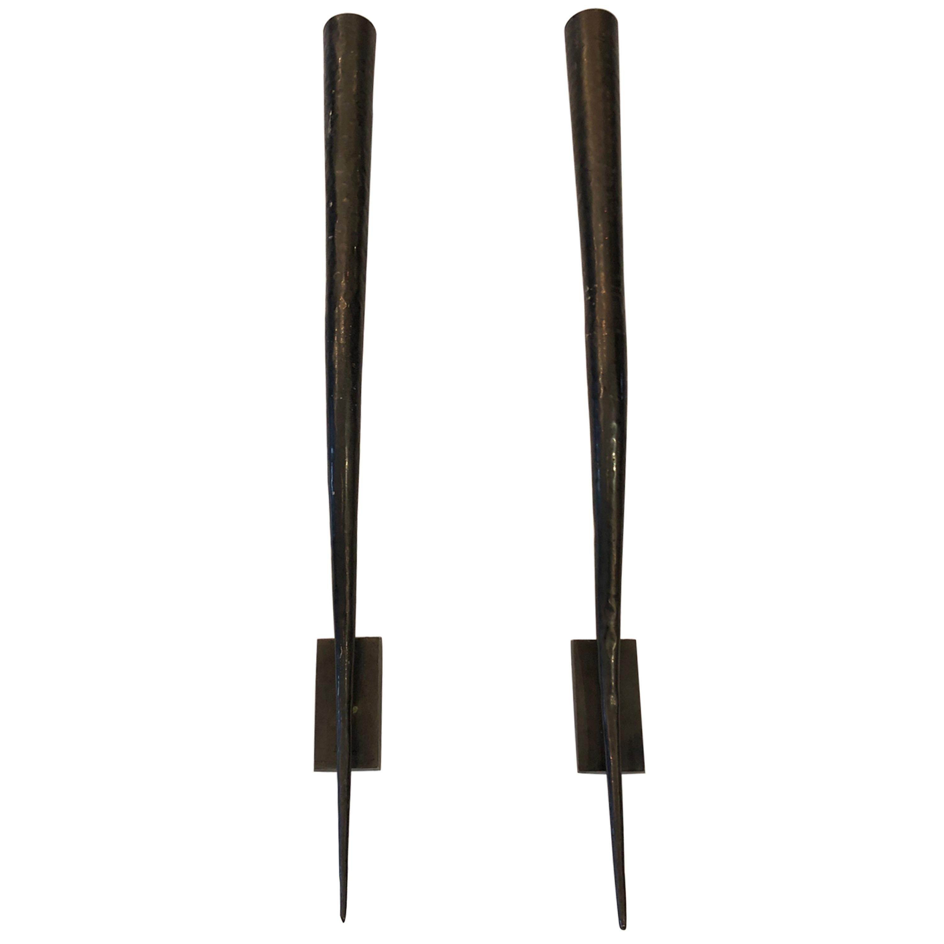 Super Stylized Pair of Elongated Horn Shaped Bronze Candle Sconces