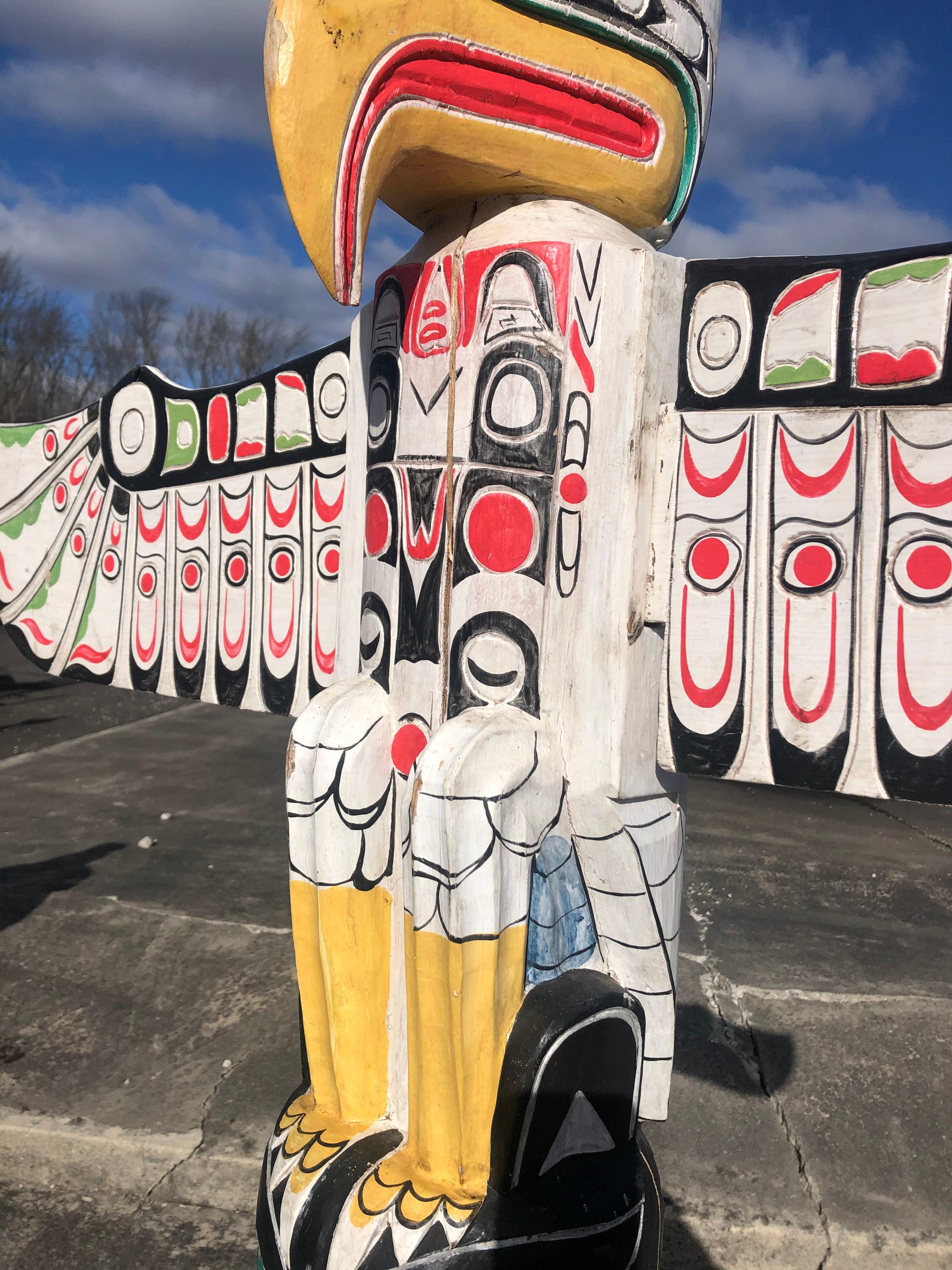 Super Tall Impressive Hand Carved and Painted Winged TOTEM Pole In Distressed Condition In Hopewell, NJ