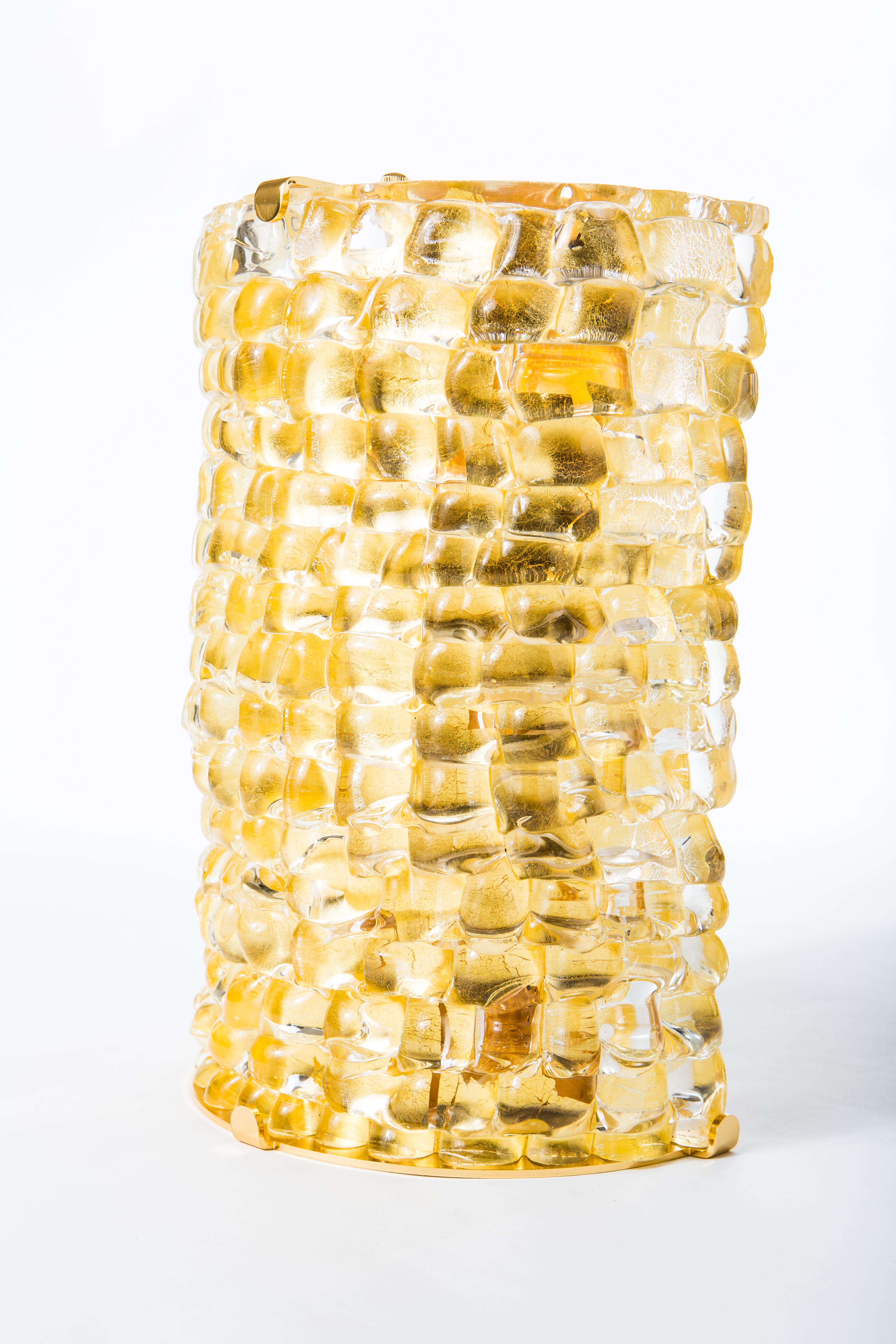 Super thick Murano Art Glass half cylinder sconces in Gold Leaf & Gold Plated For Sale 4