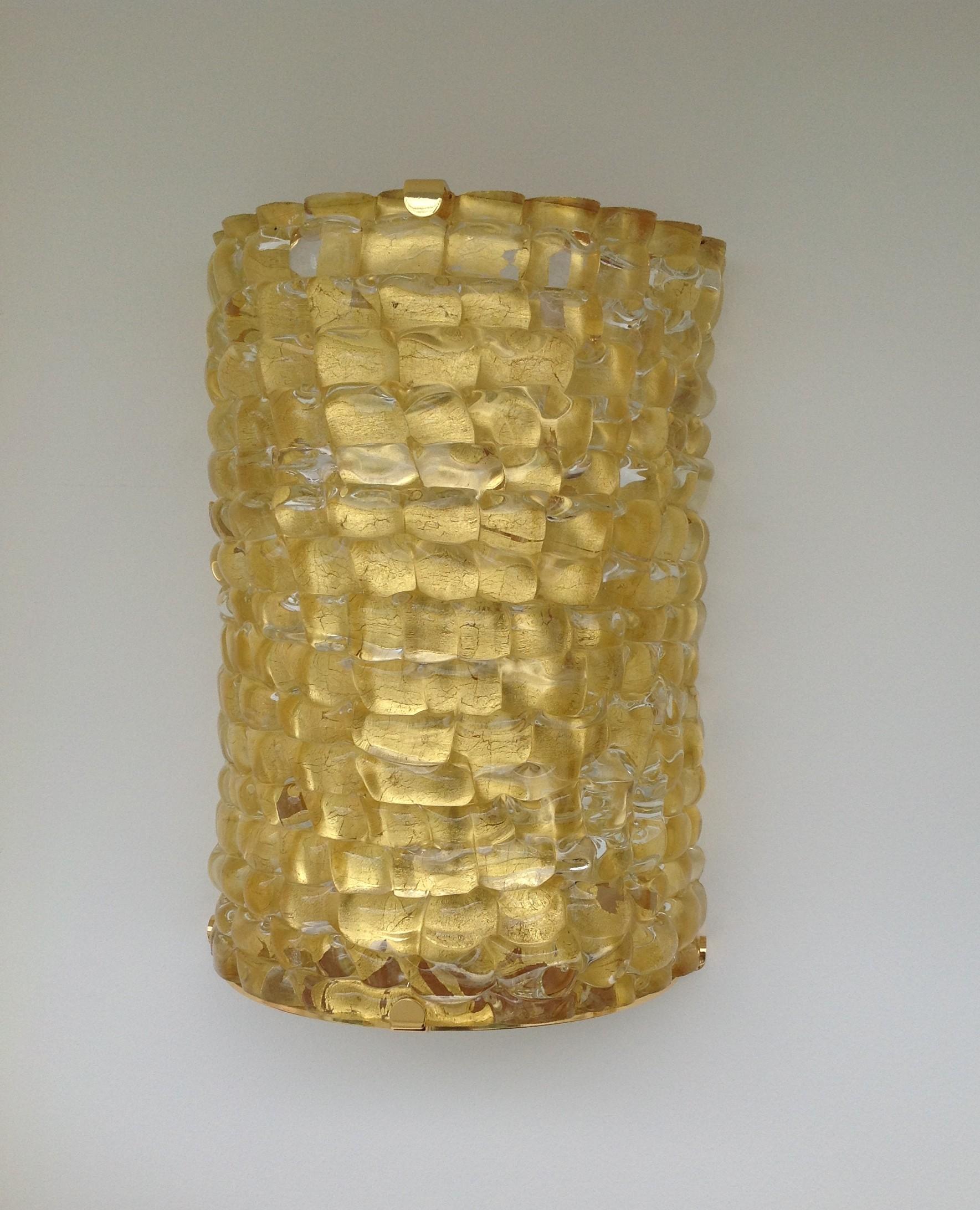 Cast Super thick Murano Art Glass half cylinder sconces in Gold Leaf & Gold Plated For Sale
