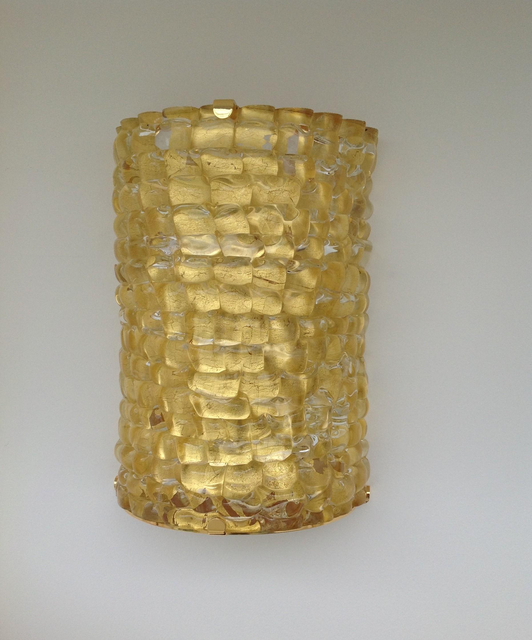 Super thick Murano Art Glass half cylinder sconces in Gold Leaf & Gold Plated For Sale 2