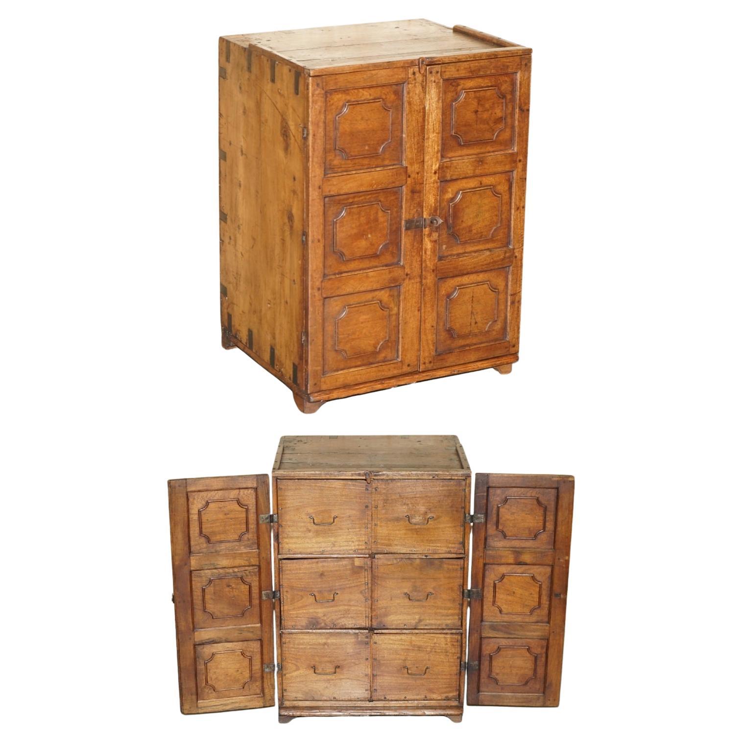 SUPER UNIQUE SMALL ANTIQUE 1880 ANGLO INDIAN MILITARY CAMPAIGN CHEST OF DRAWERs