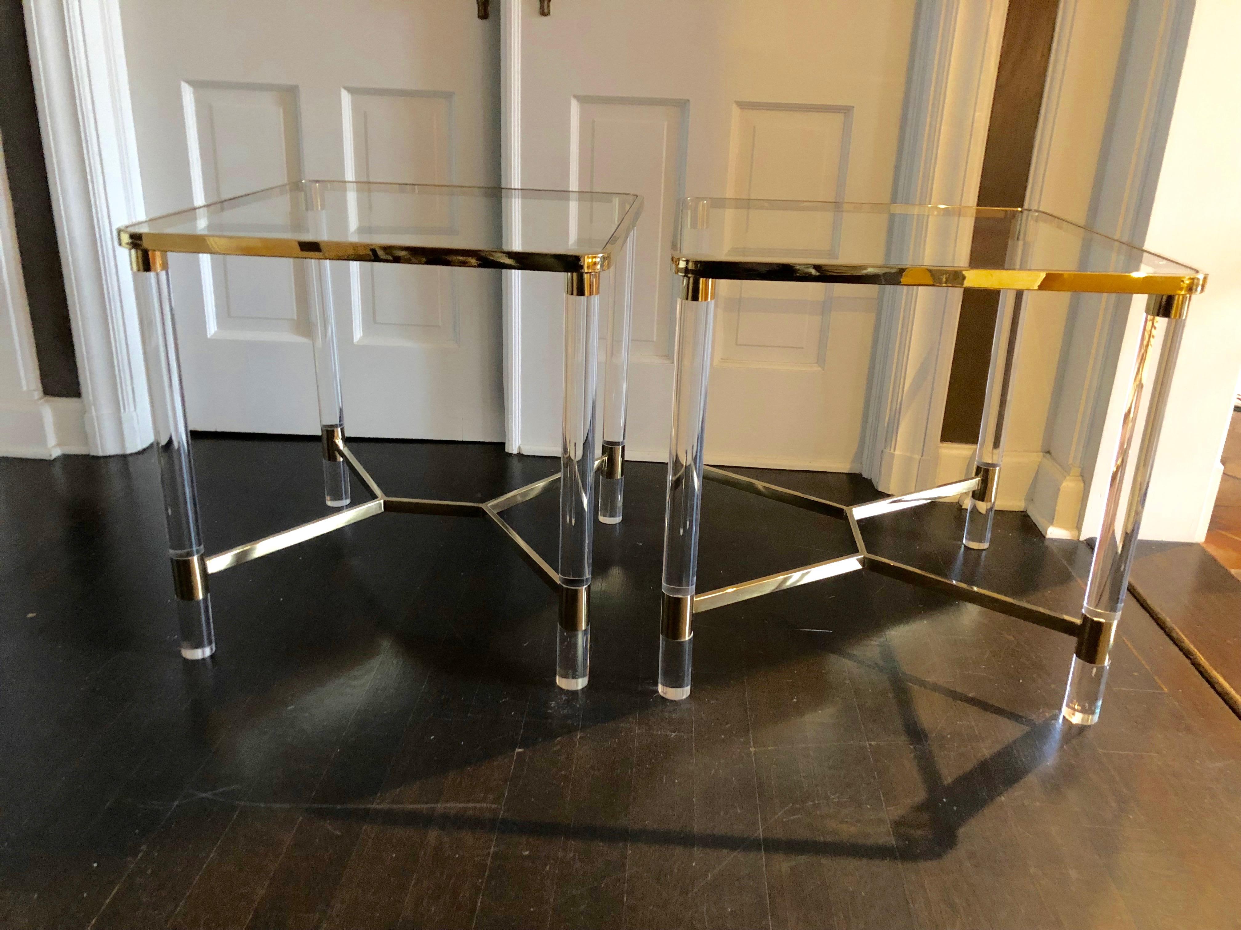 Super Versatile Elegant Pair of Lucite and Brass End Tables 4