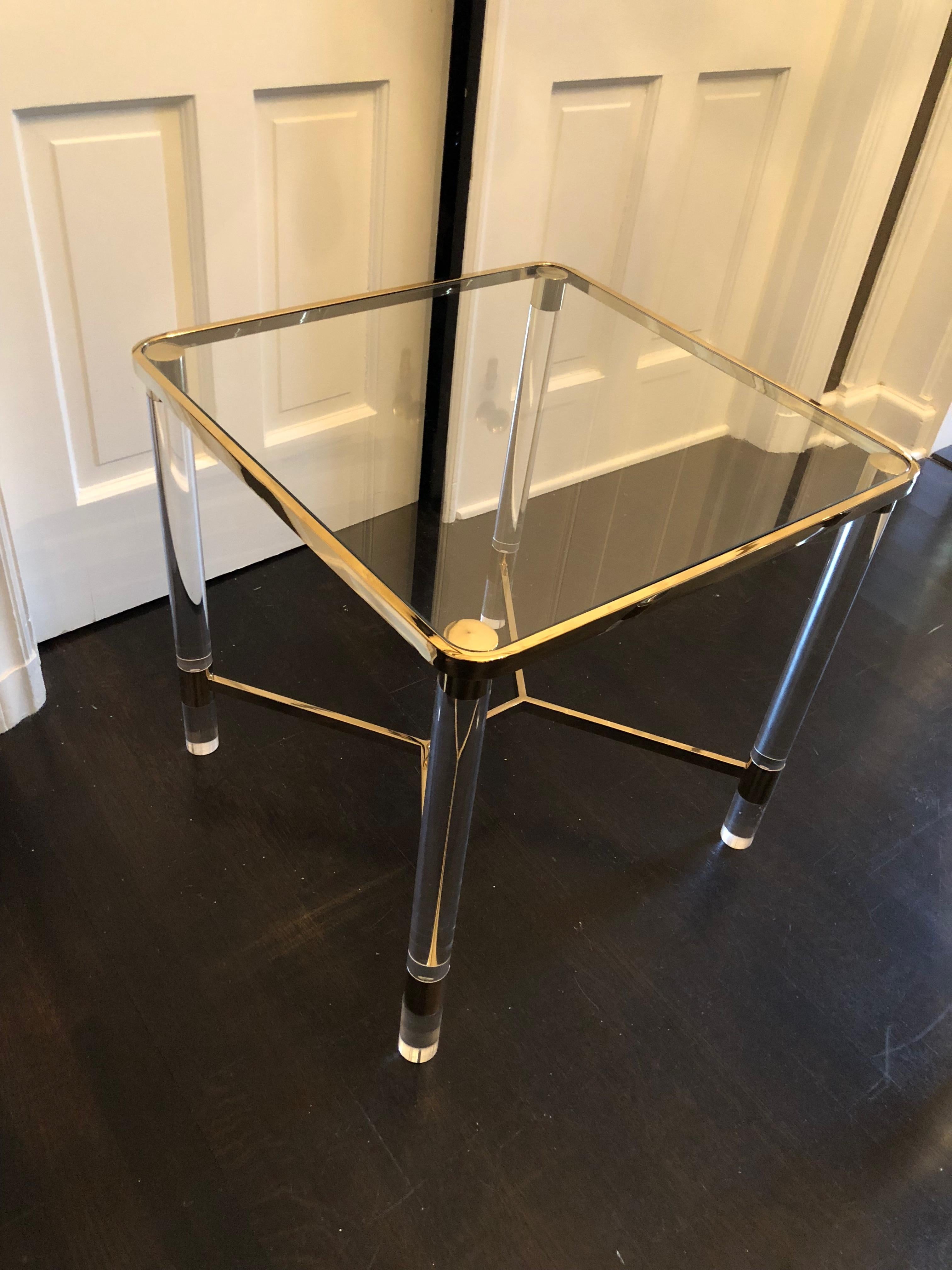 American Super Versatile Elegant Pair of Lucite and Brass End Tables
