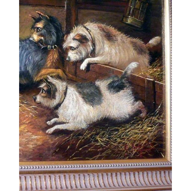 European Super Victorian Oil Painting of Five Terriers in A Barn by George Armfield