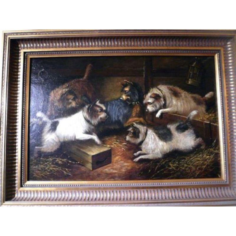 Super Victorian Oil Painting of Five Terriers in A Barn by George Armfield In Good Condition In Antrim, GB