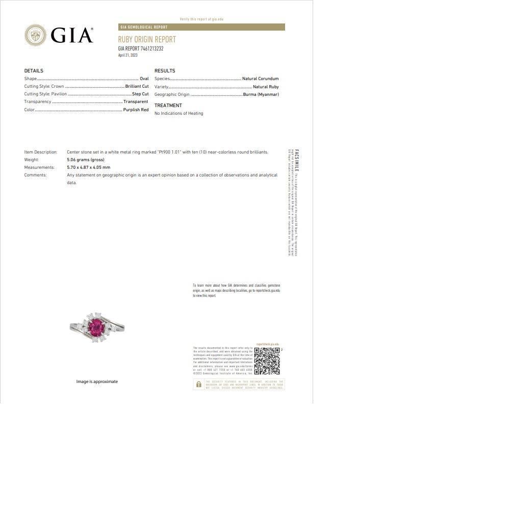 Superb 1.01 Carat Ho-Heat Burmese Ruby Diamond Platinum Ring, GIA Certified For Sale 2