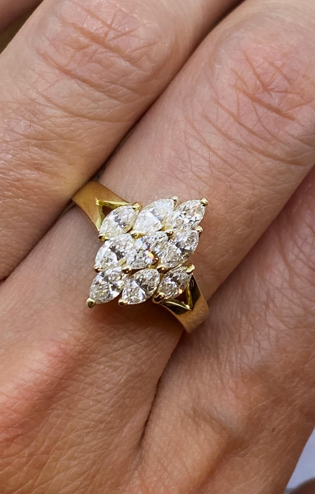 Retro Superb 1.20ct Marquise Cut Diamond Cluster Rhombus Ring in 18K Yellow Gold For Sale