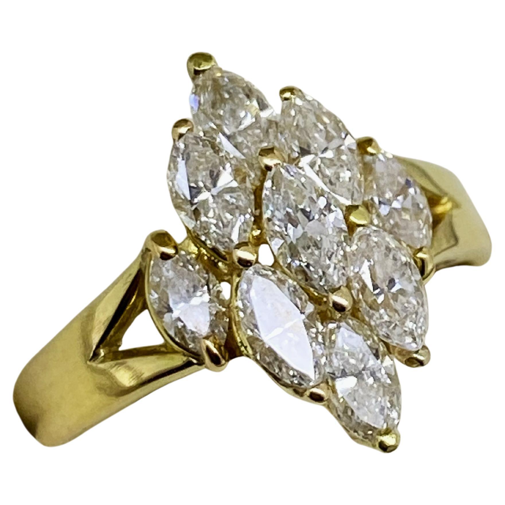 Superb 1.20ct Marquise Cut Diamond Cluster Rhombus Ring in 18K Yellow Gold