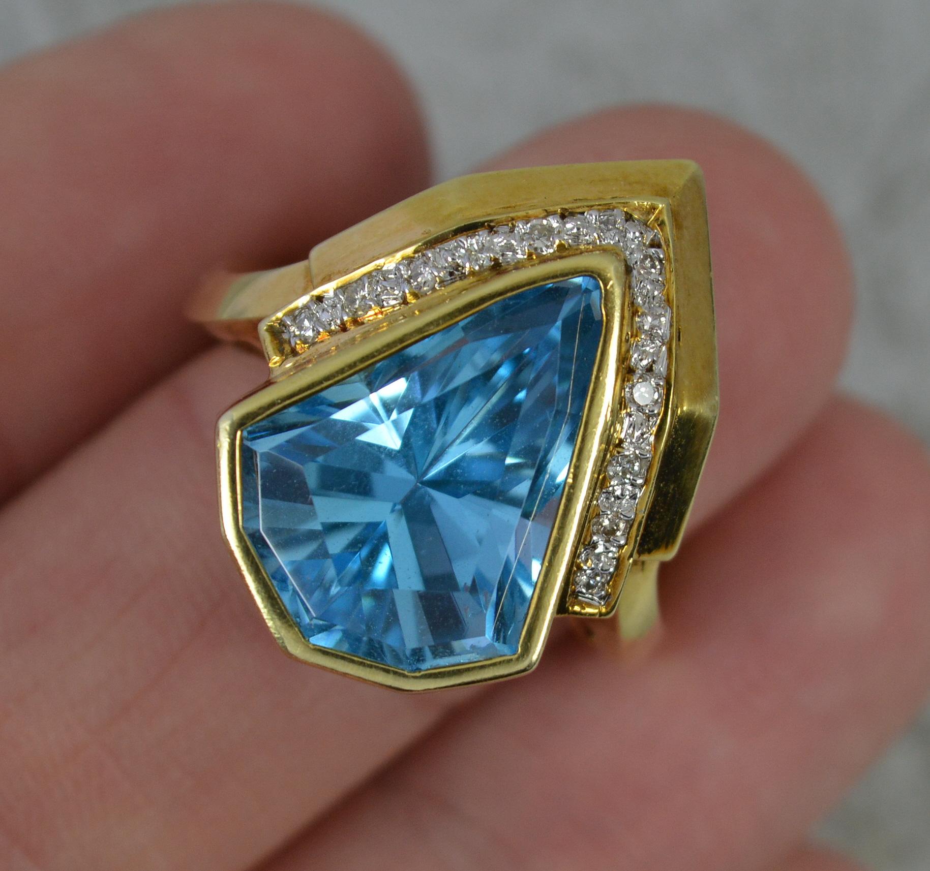 Kite Cut Superb 14 Carat Gold Blue Topaz and Diamond Statement Ring For Sale