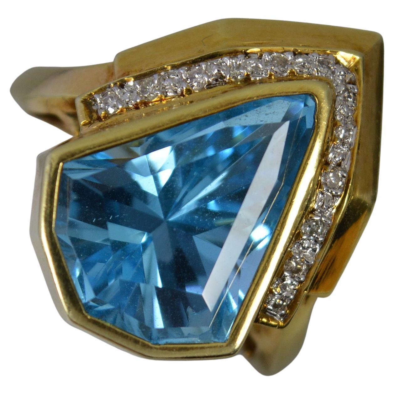 Superb 14 Carat Gold Blue Topaz and Diamond Statement Ring For Sale