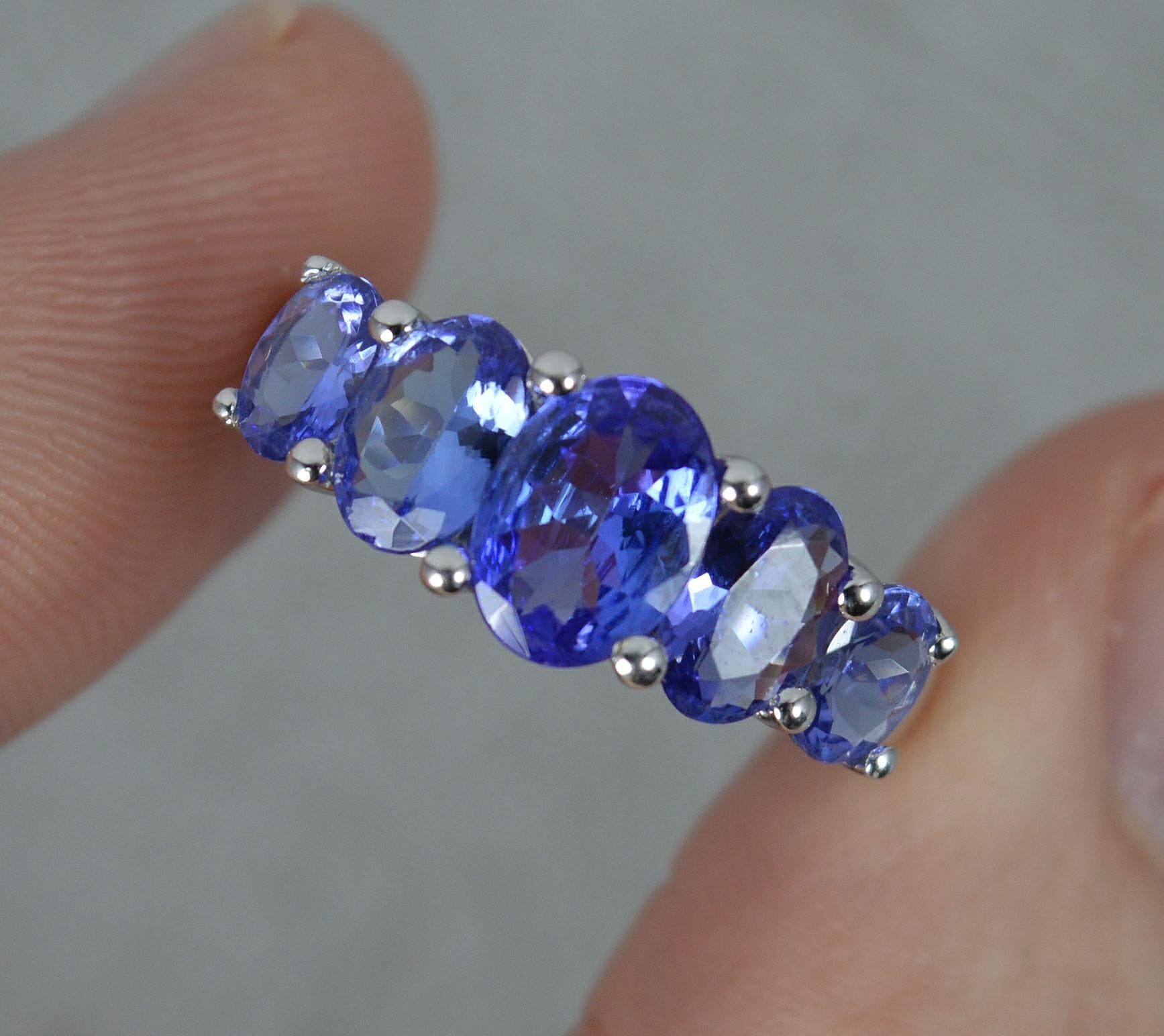 Superb 14 Carat White Gold and Five Tanzanite Ring In Excellent Condition In St Helens, GB