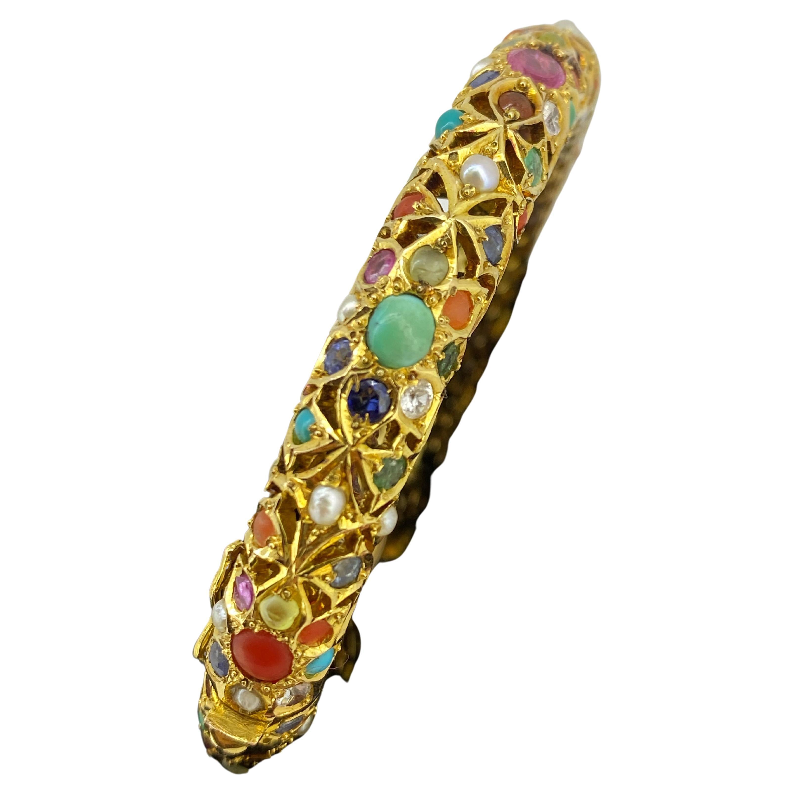 Mughal-Armreif aus 14 Karat Gold, Multi-Gem (Ruby, Saphir, Smaragd, Türkis) (Cabochon)