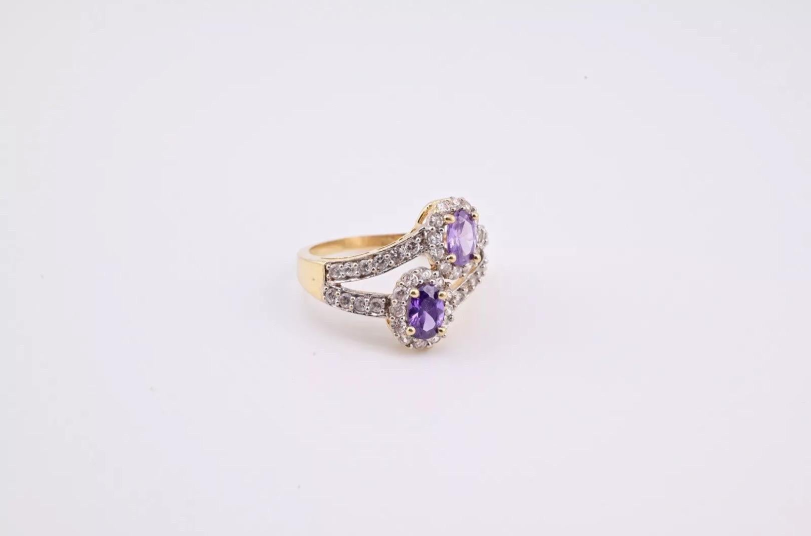 Women's Superb 14K Yellow Gold Amethyst & White Stone Ring