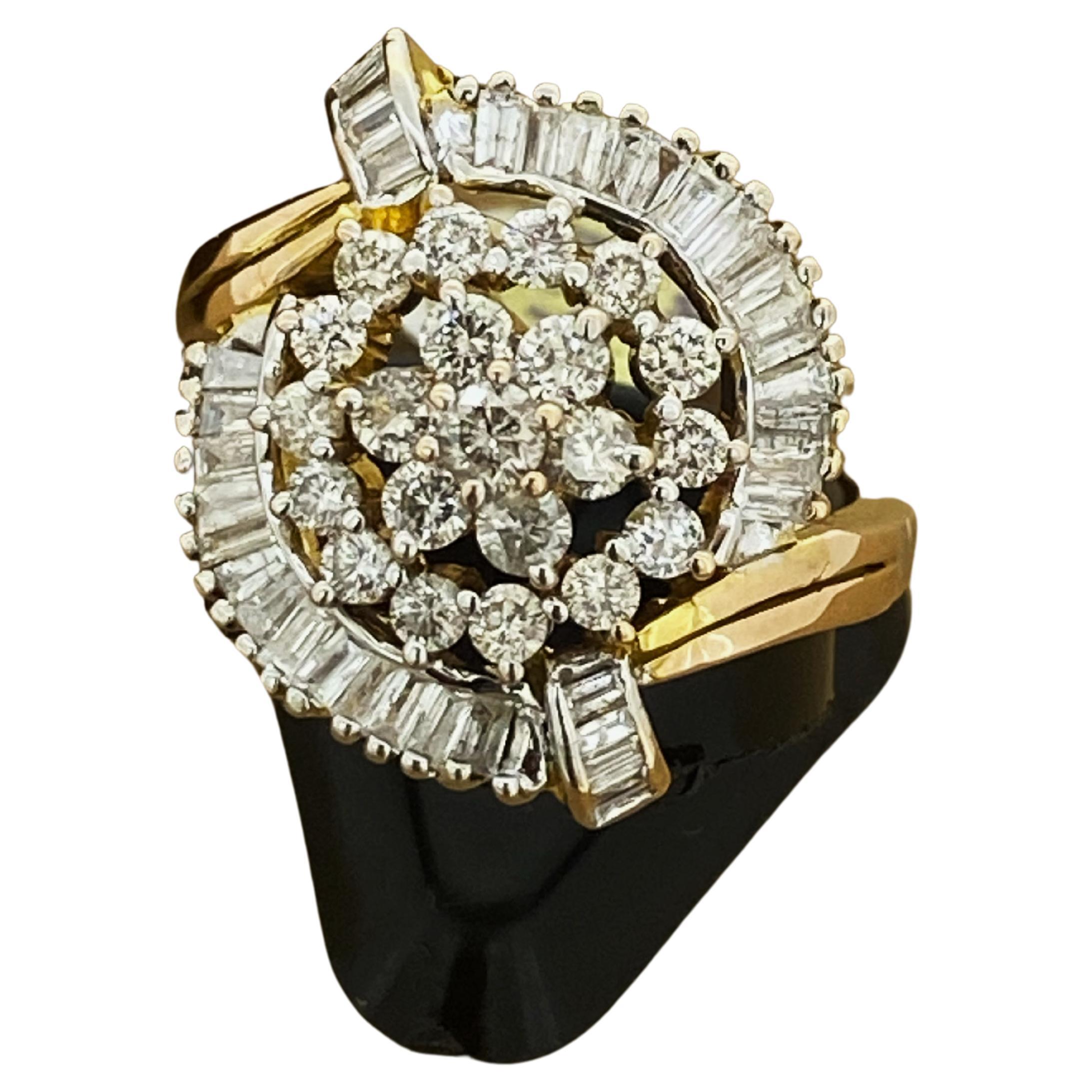 Superb 1.50ct Diamond Cluster (Round & Baguette Cuts) Ring in 14K Yellow Gold