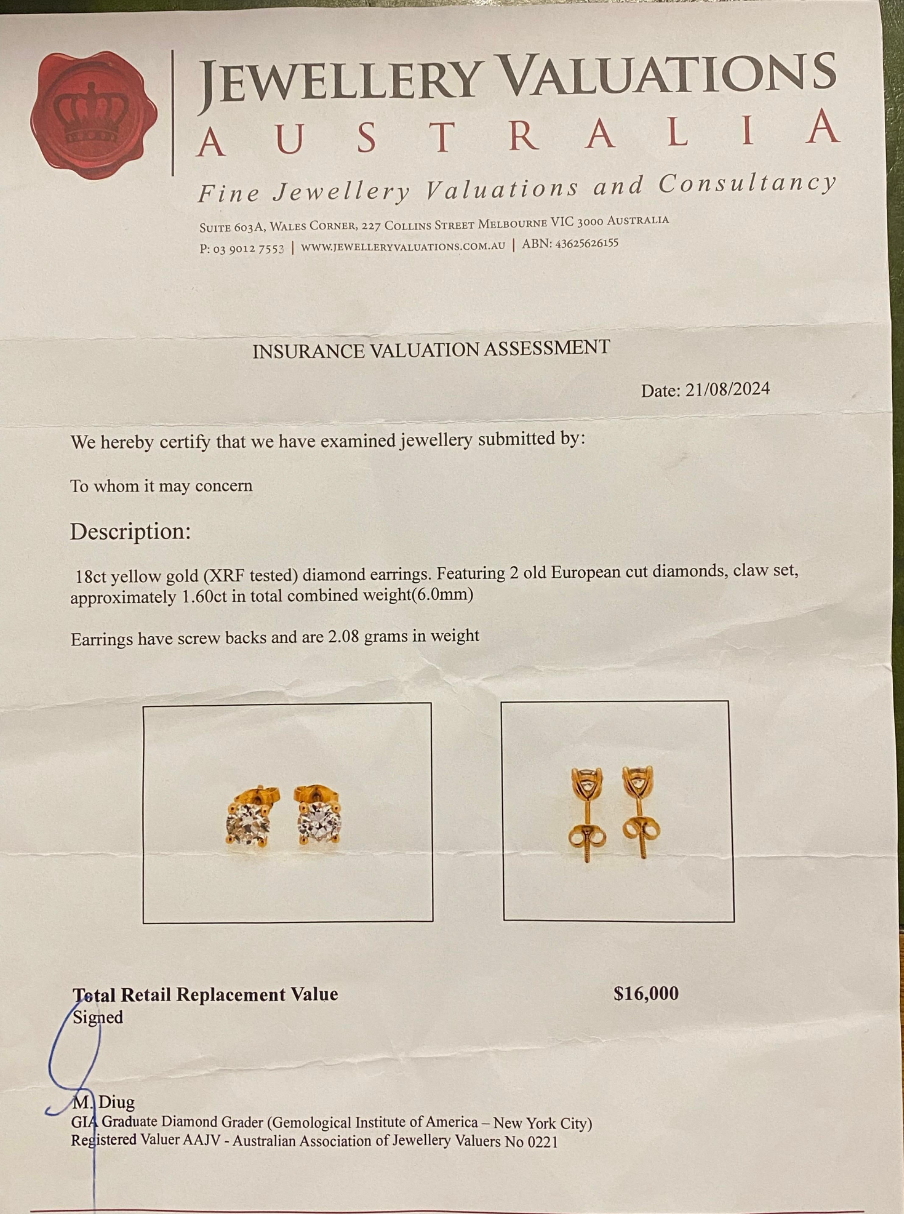 Superb 1.60ct (total) Old-European Cut Diamond Stud Earrings in 18K Yellow Gold 1