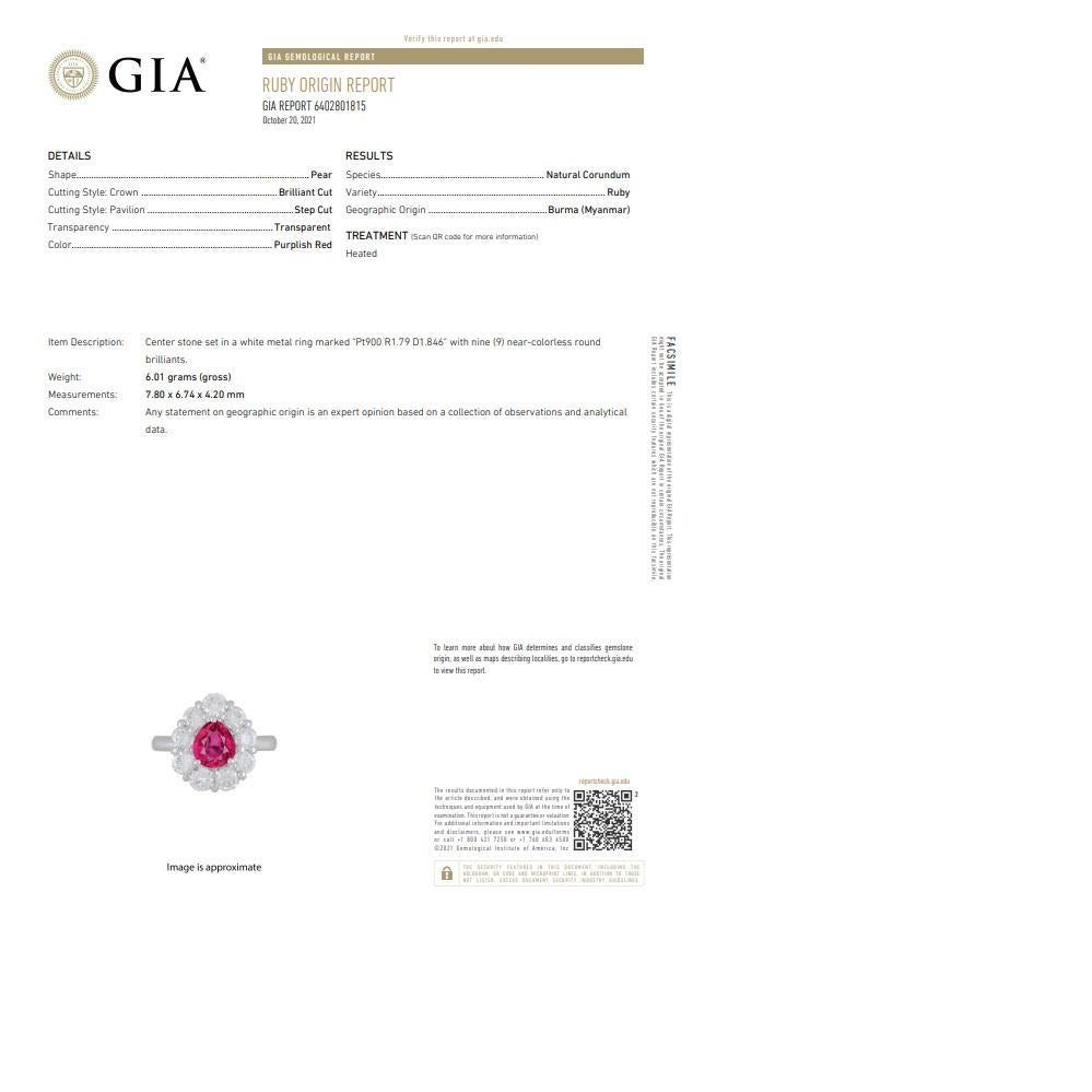 Superb 1.79 Carat Burmese Ruby Diamond Platinum Ring, GIA Certified For Sale 9