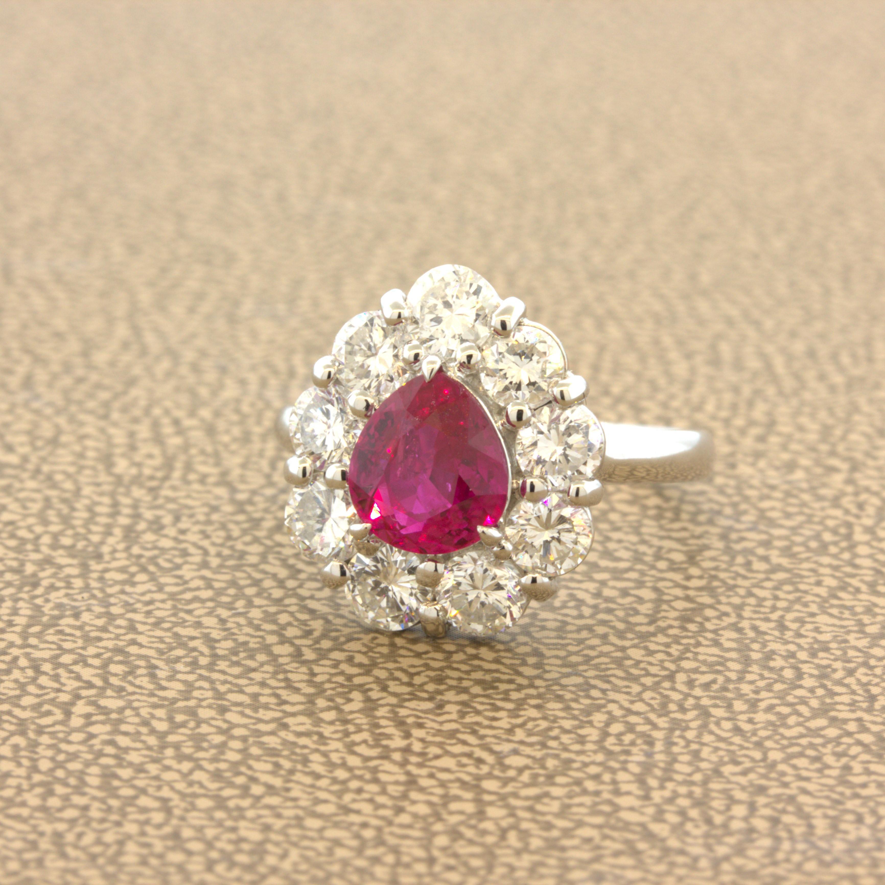 Superb 1,79 Karat burmesischer Rubin-Diamant-Platinring, GIA-zertifiziert (Tropfenschliff) im Angebot