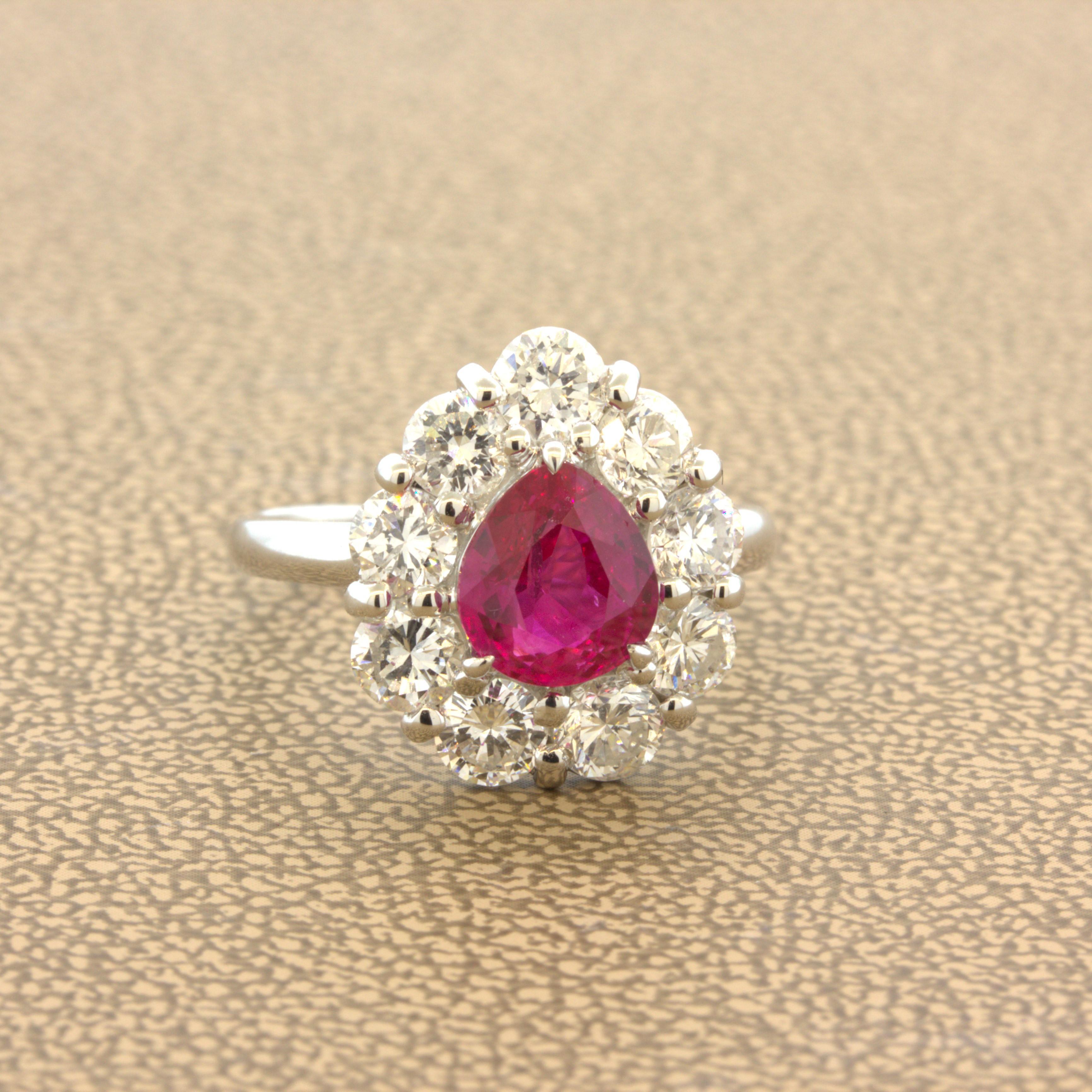 Pear Cut Superb 1.79 Carat Burmese Ruby Diamond Platinum Ring, GIA Certified For Sale