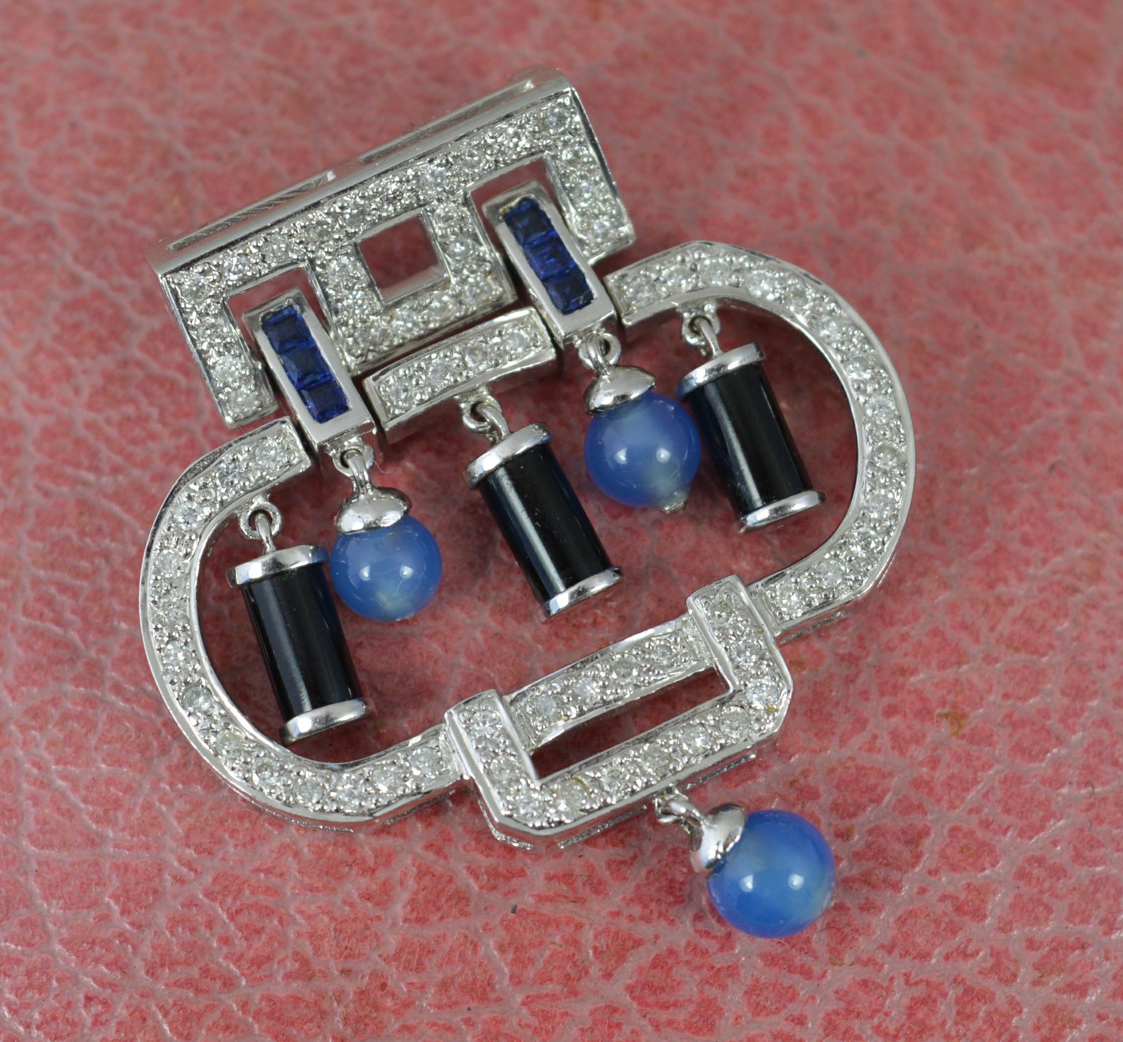 Superb 18ct White Gold Diamond Sapphire Agate and Onyx Pendant For Sale 3