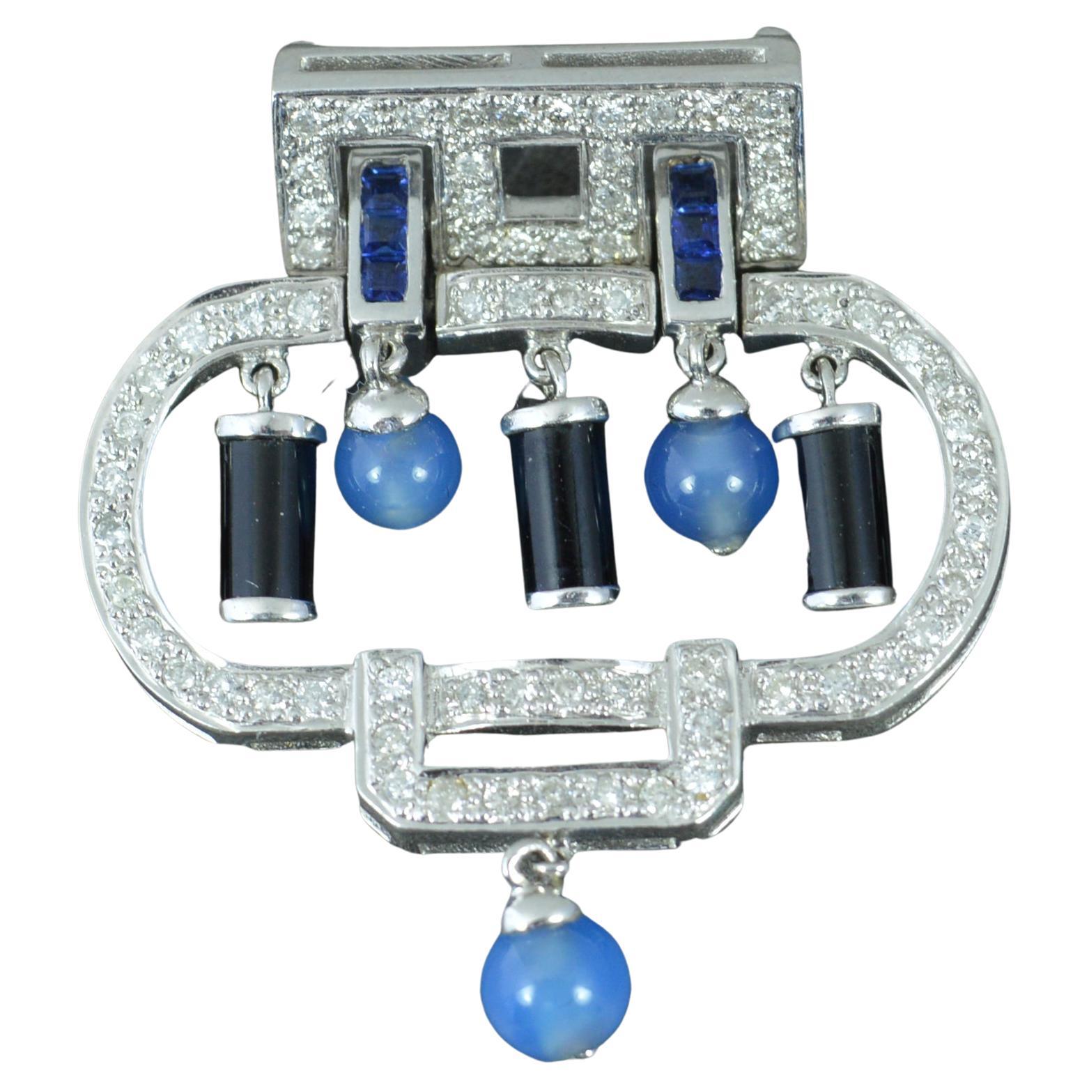 Superb 18ct White Gold Diamond Sapphire Agate and Onyx Pendant For Sale