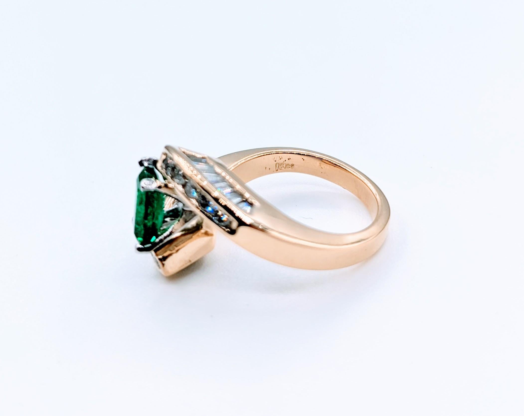 Women's Superb 18k Emerald and Diamond Bypass Ring For Sale