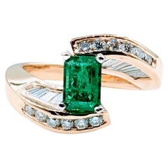 Retro Superb 18k Emerald and Diamond Bypass Ring