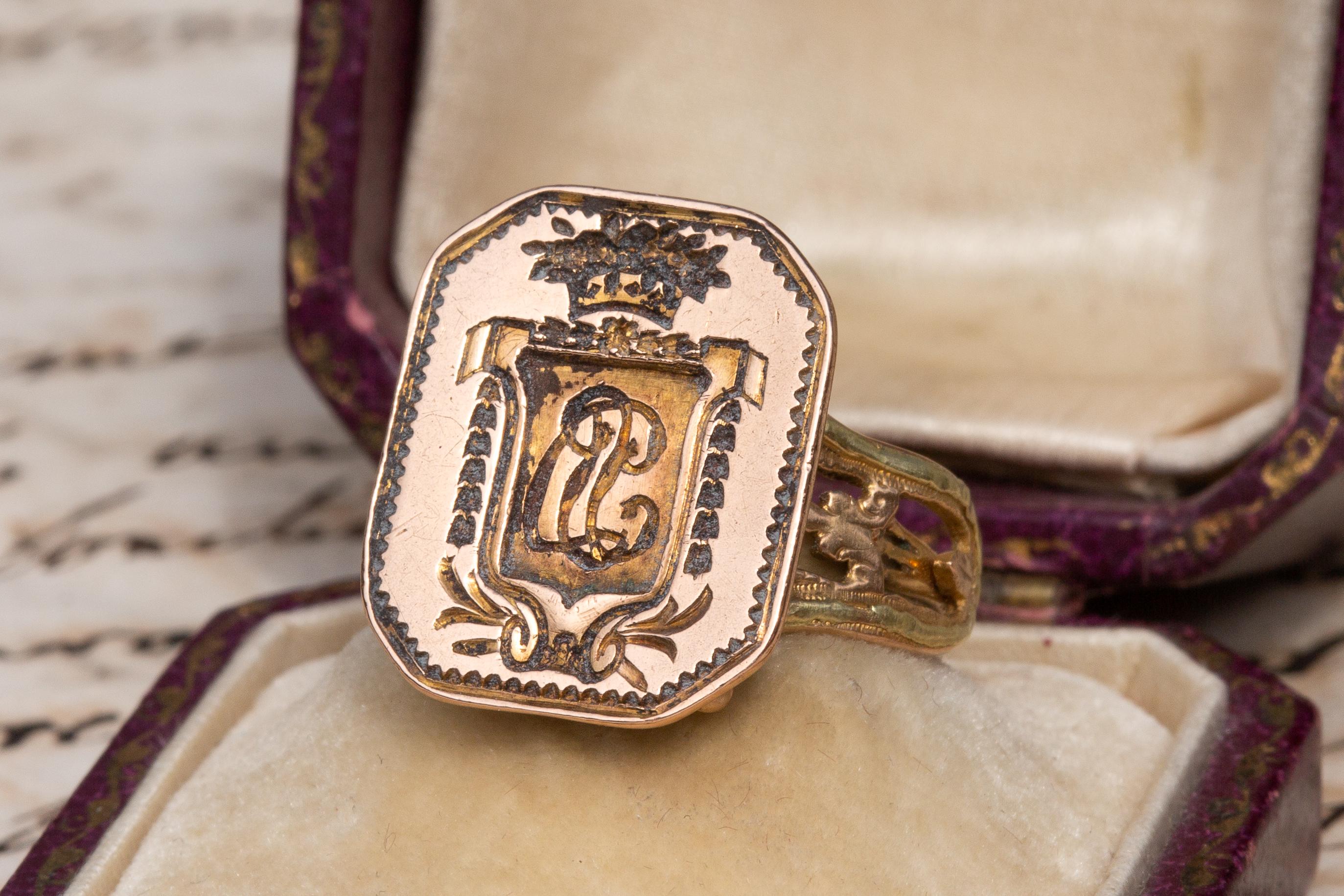 Superb 18th Century French Antique Gold Monogrammed Intaglio Seal Ring 

This antique signet ring was made in France (Paris) during the late 18th century. It started life as a Fob desk seal for to be used for sealing important documents, letters and